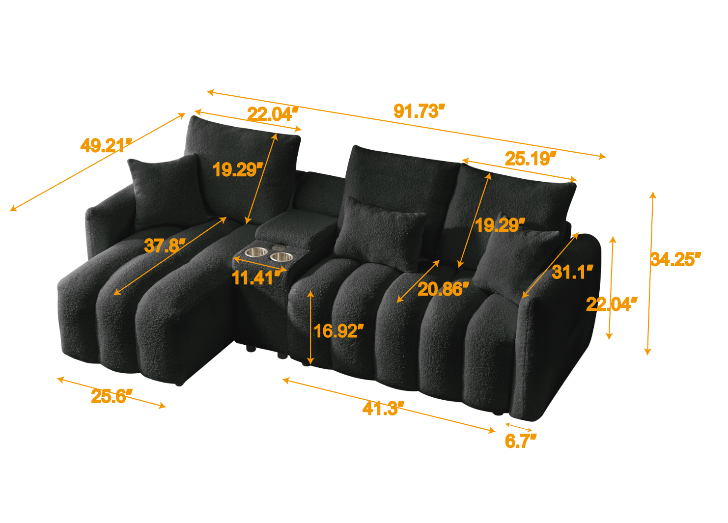Sectional Sofa Cloud Teddy Fabric with Console USB Charger Cup Holders