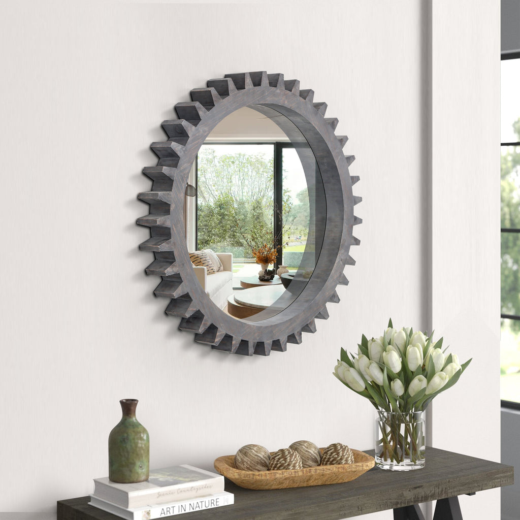Wall Mirror Round Gear Shape Antique Dark Brown Wood 17x17 Inch Living Room