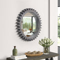 Wall Mirror Round Gear Shape Antique Dark Brown Wood 17x17 Inch Living Room