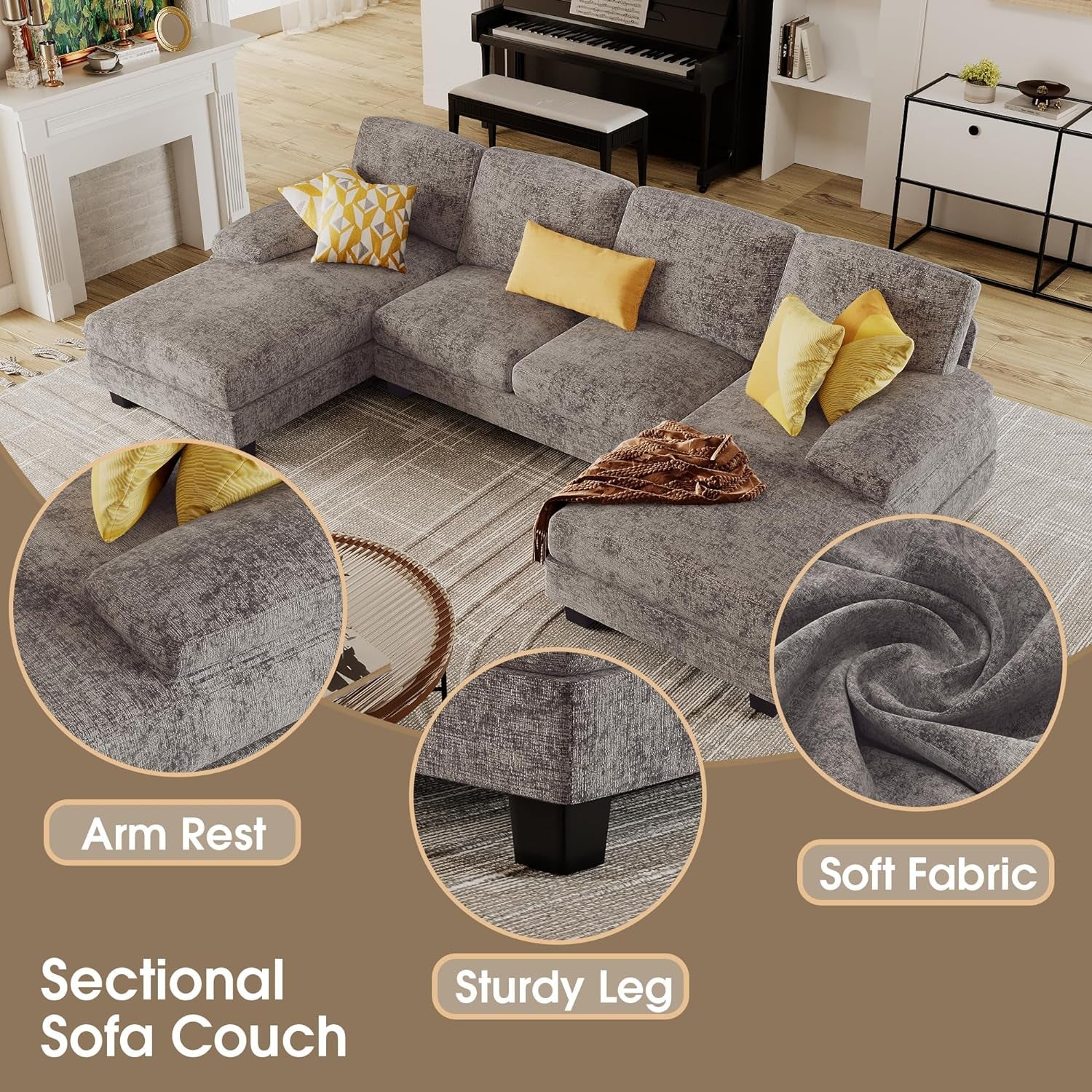 Grey Linen U Shaped Sectional Sofa Couch 4 Seat With Double Chaise