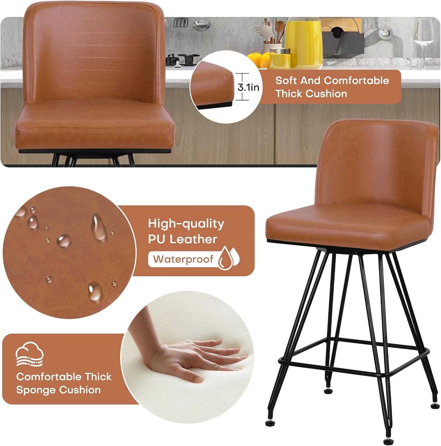 Industrial Swivel Bar Stools Set of Four 26 Inch