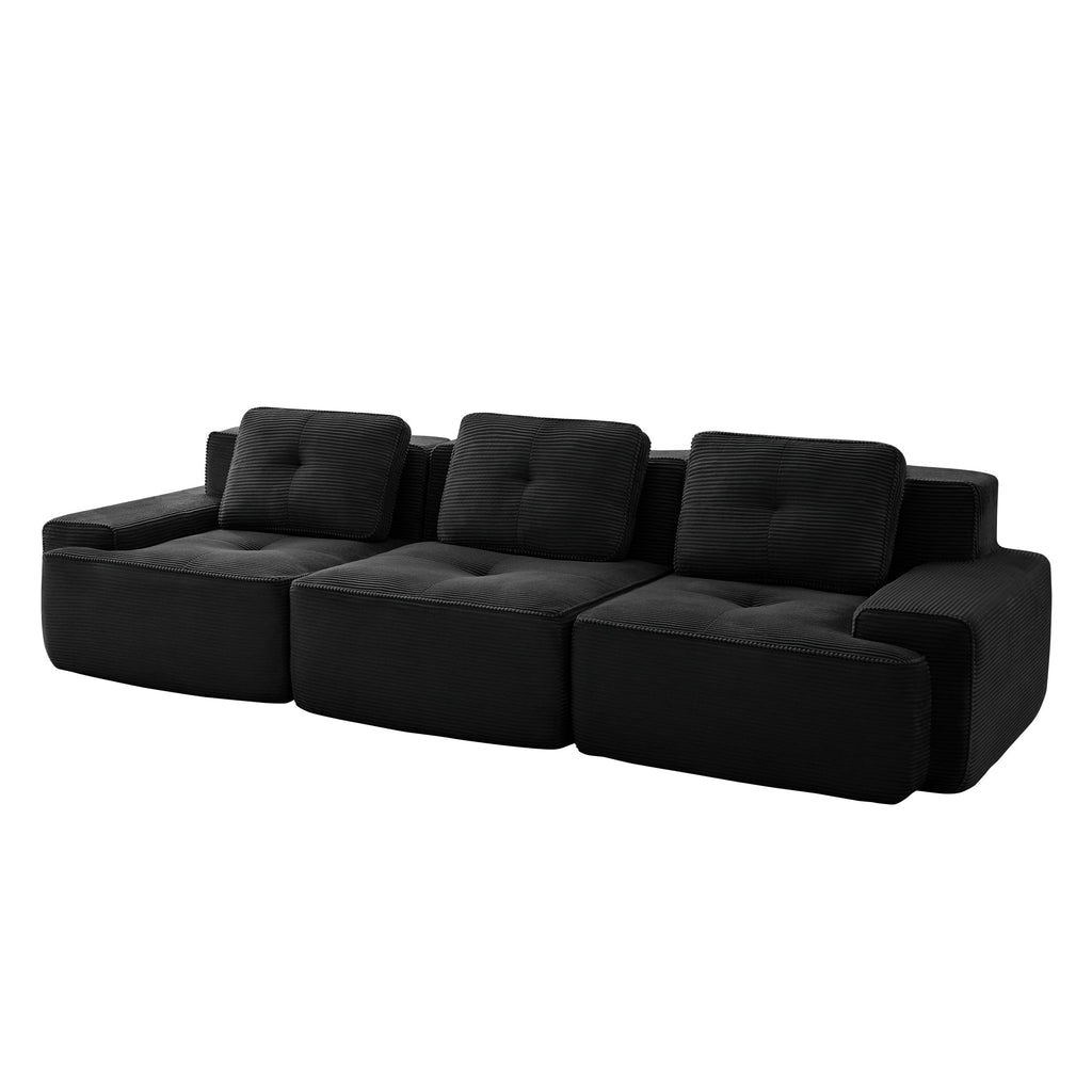 Sectional Sofa Modular Corduroy Black 3 Seater Tufted