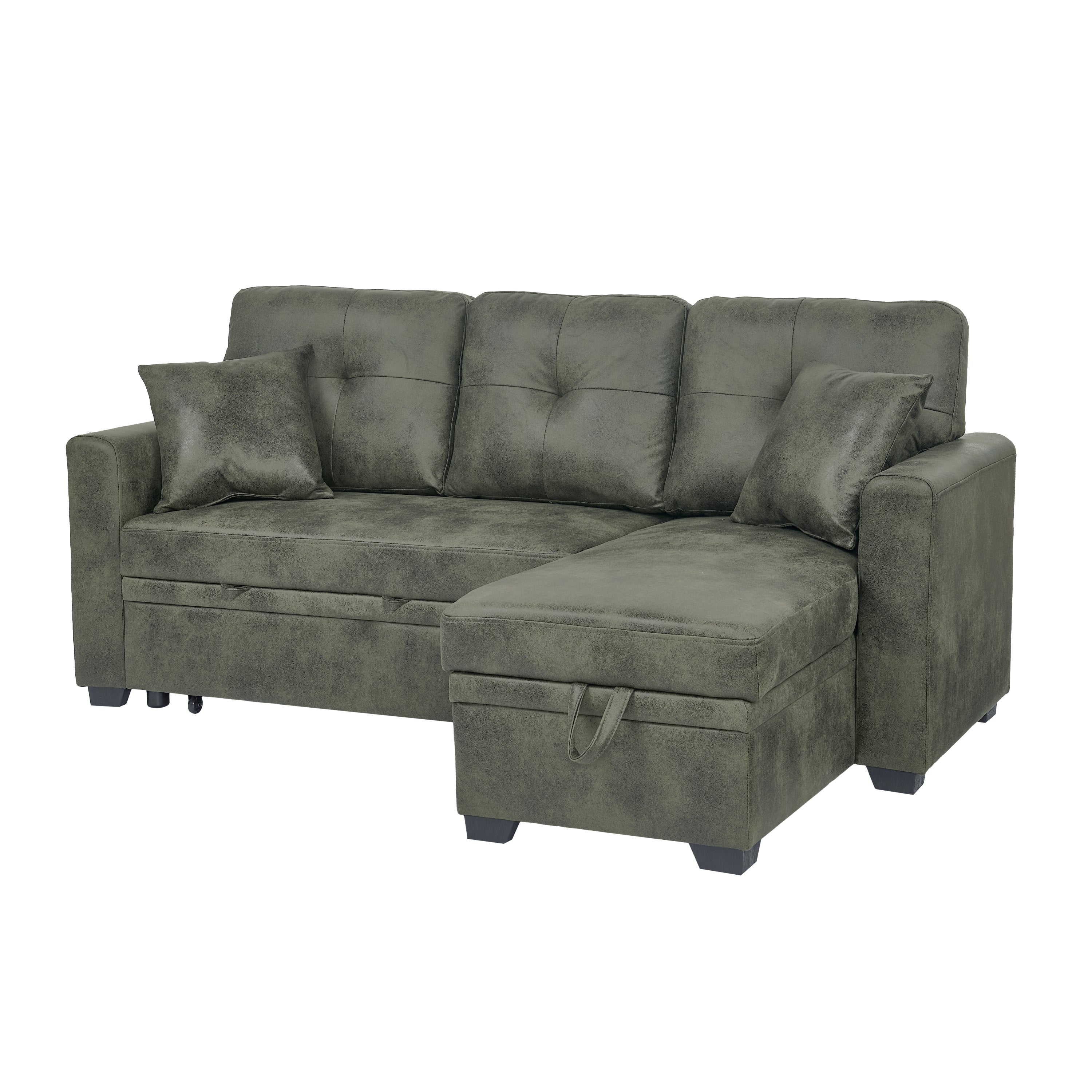 Sectional Sofa l Shaped Olive Green Fabric Sleeper with Small Space Solution