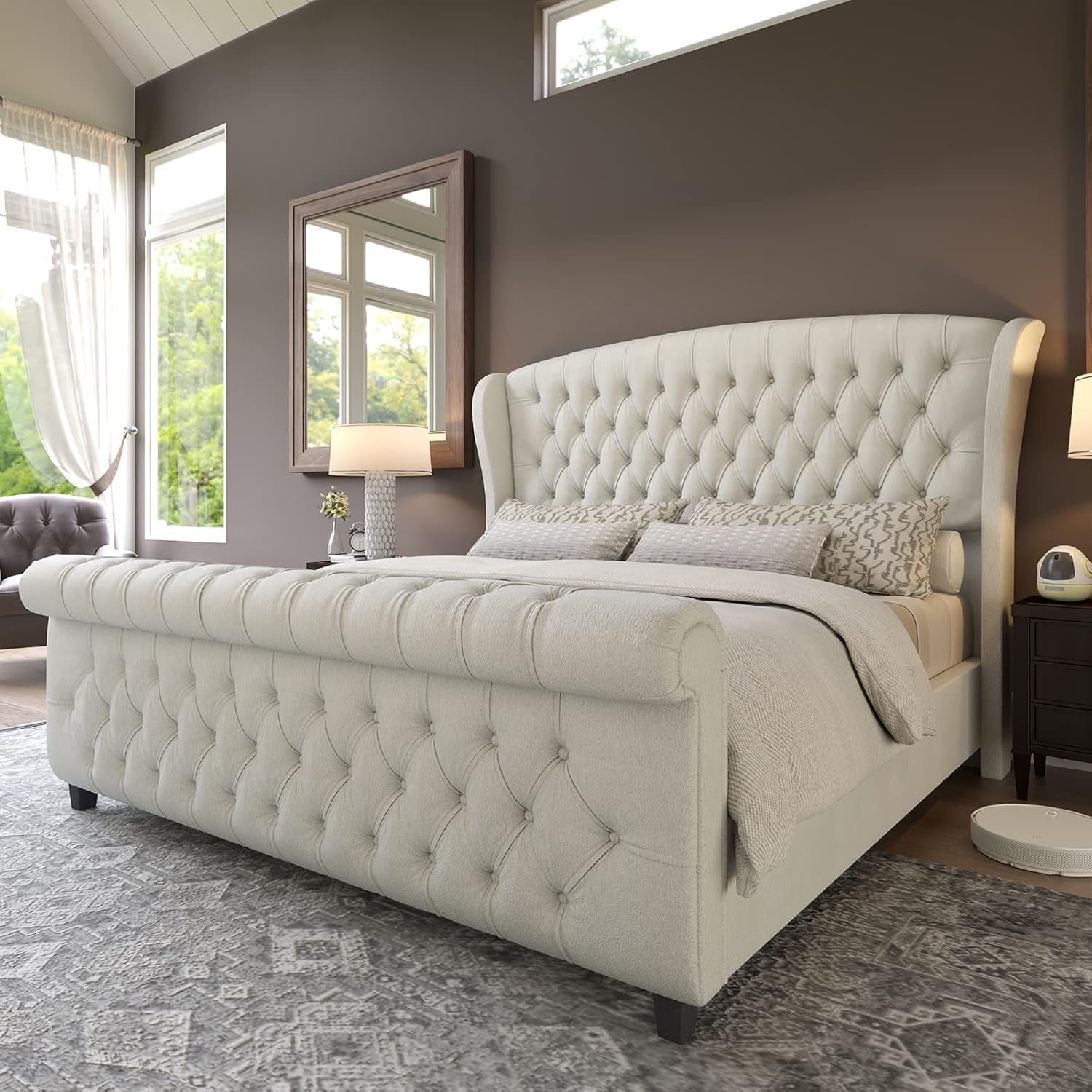 Queen Size Chenille Upholstered Sleigh Platform Bed with Button Tufted Headboard