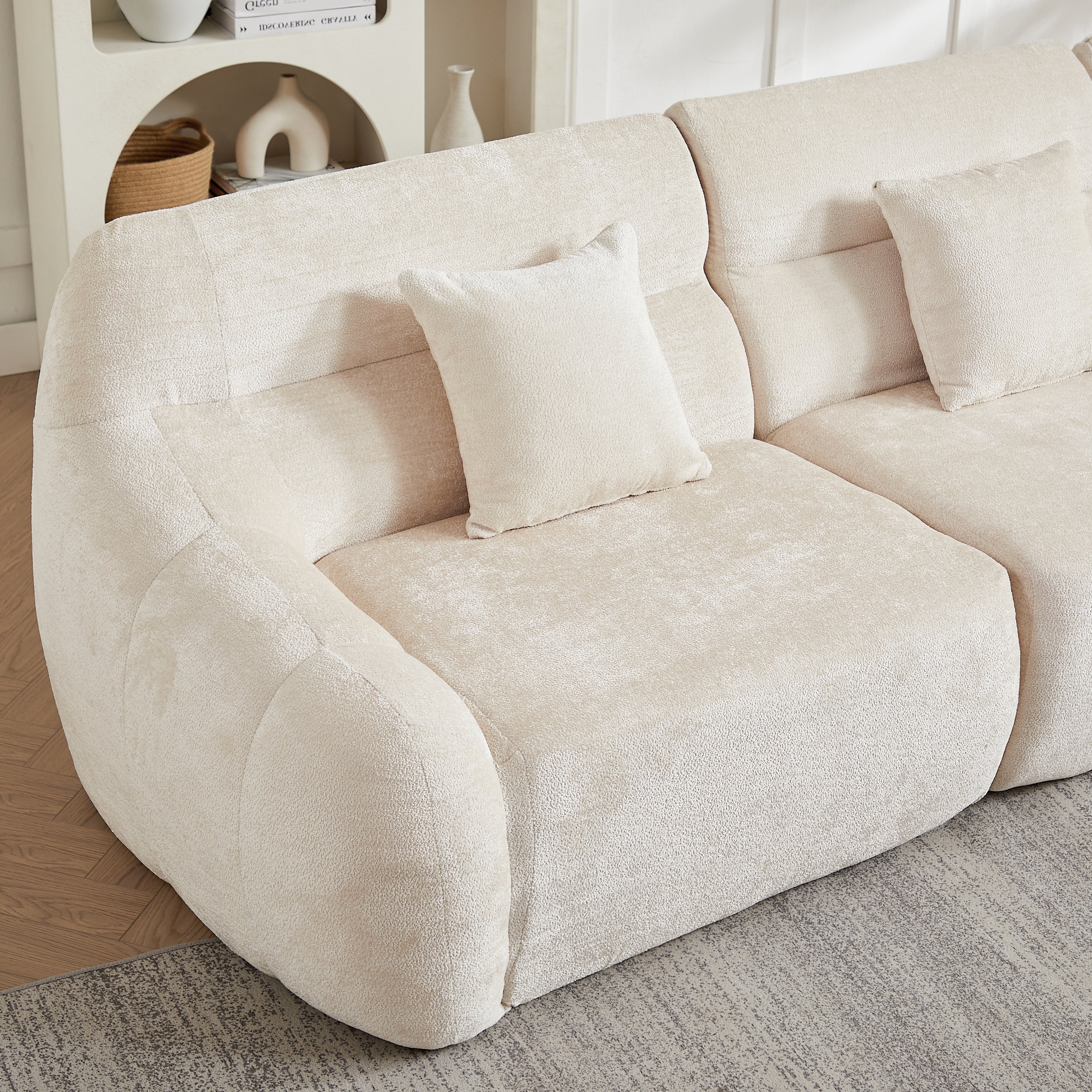 Sectional Sofa Curved Beige Chenille 123.2 Inch Four Pillows No Assembly