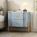 Modern Fluted Nightstand with 2 Drawers, Gold Metal Legs and Handles, Blue