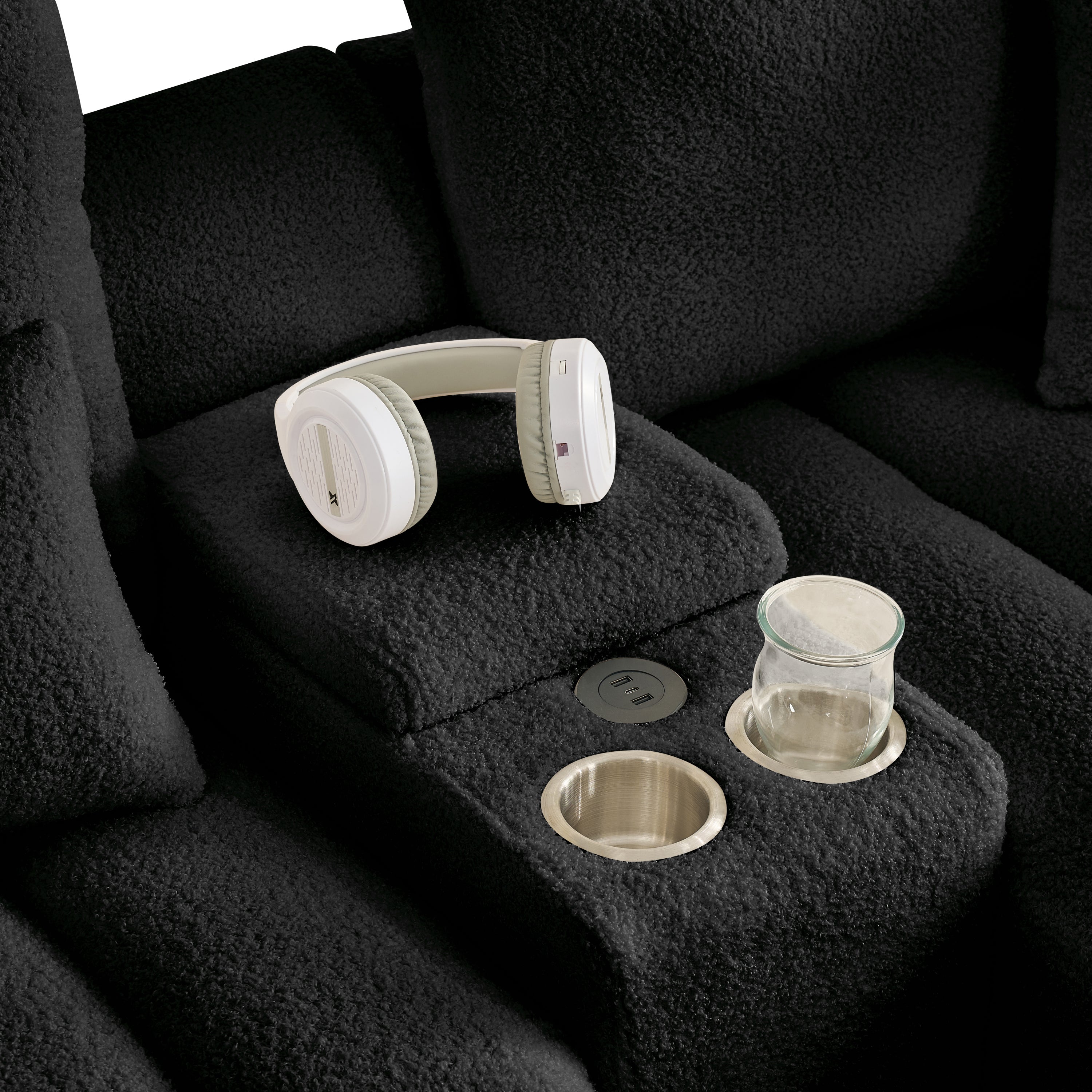 Sectional Sofa Cloud Teddy Fabric with Console USB Charger Cup Holders