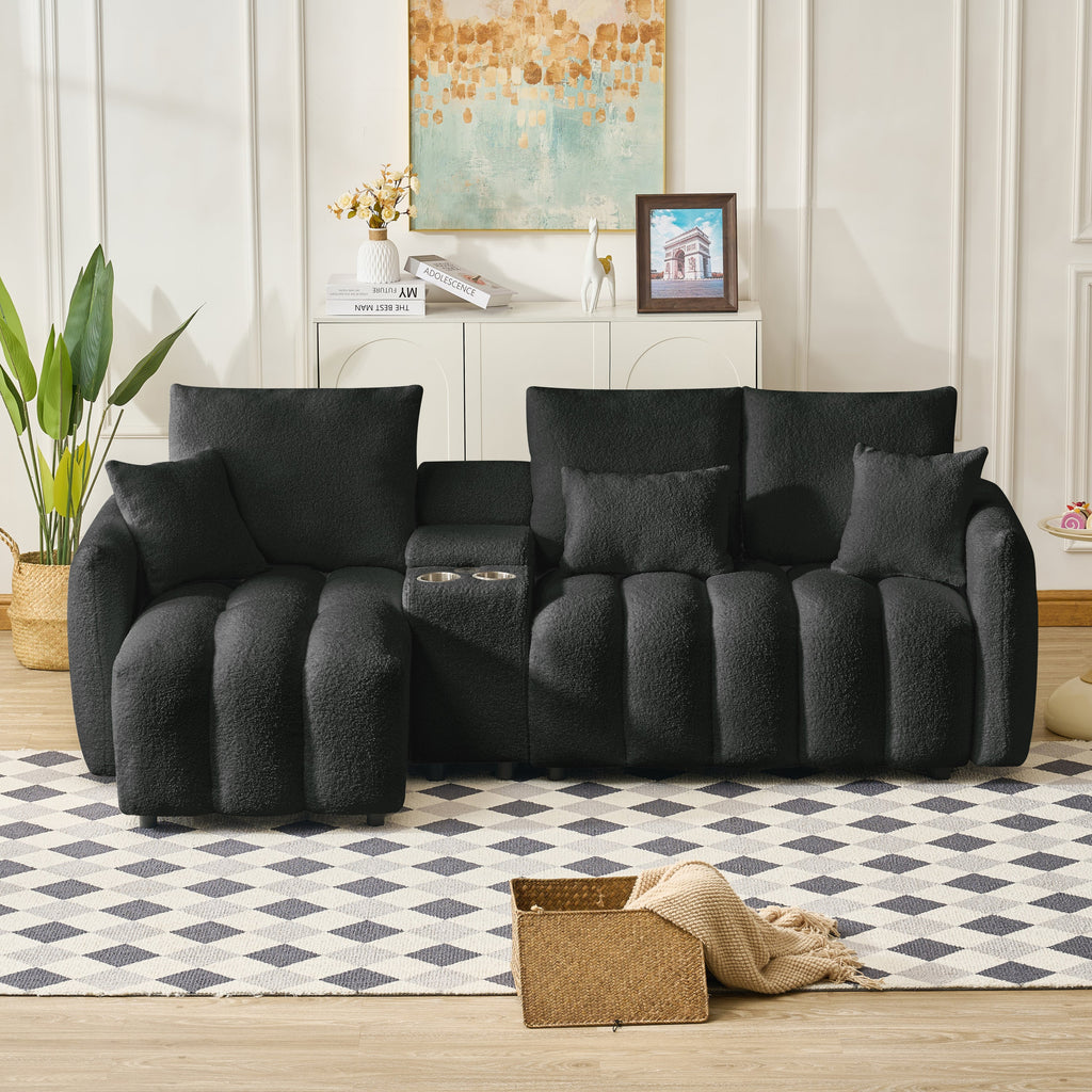 Sectional Sofa Cloud Teddy Fabric with Console USB Charger Cup Holders
