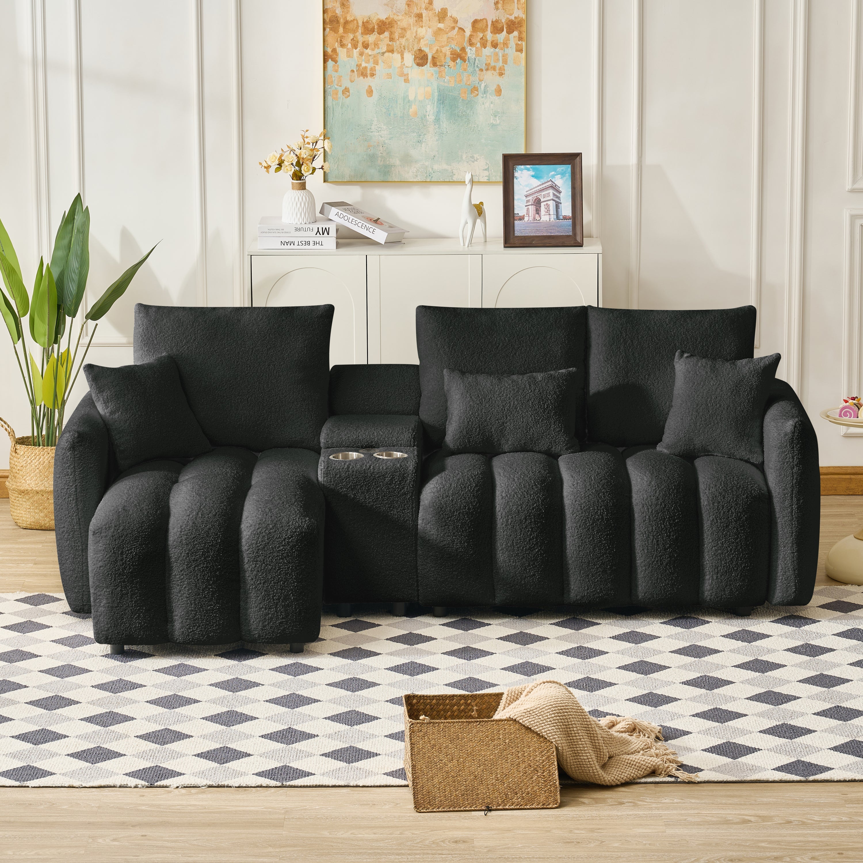 Sectional Sofa Cloud Teddy Fabric with Console USB Charger Cup Holders
