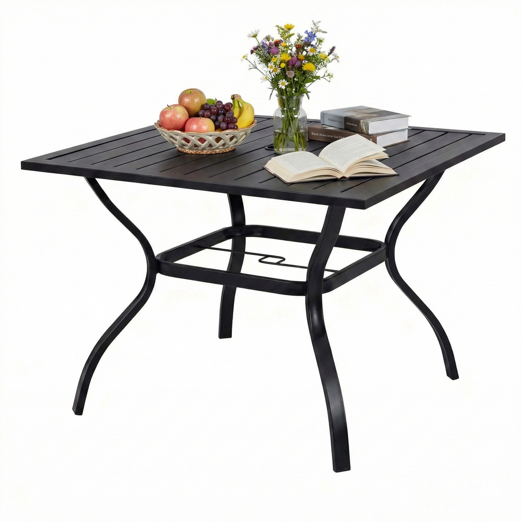 Outdoor Dining Set Metal Black 5 Piece Square Table 4 Folding Chairs Seats 4