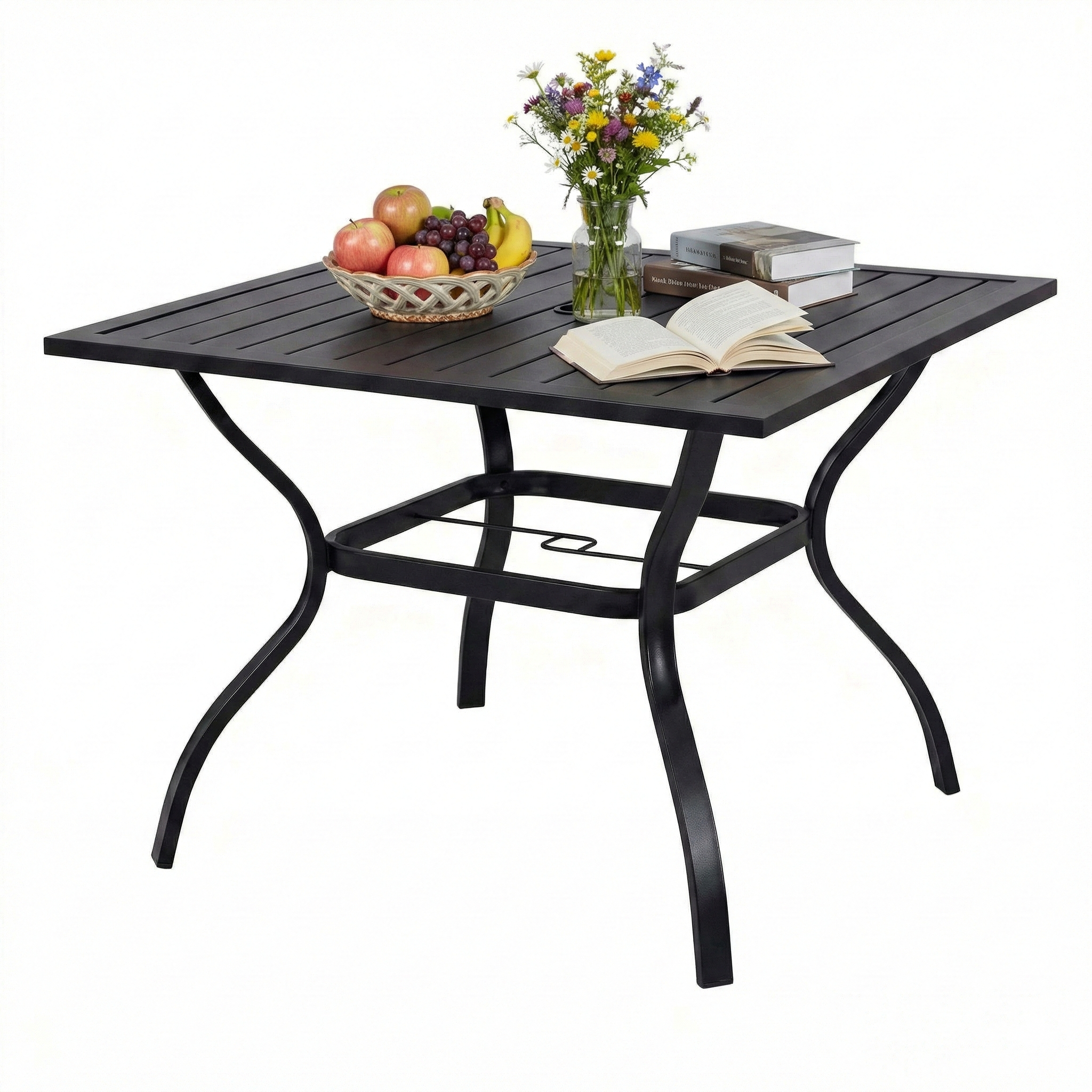 Outdoor Dining Set Metal Black 5 Piece Square Table 4 Folding Chairs Seats 4