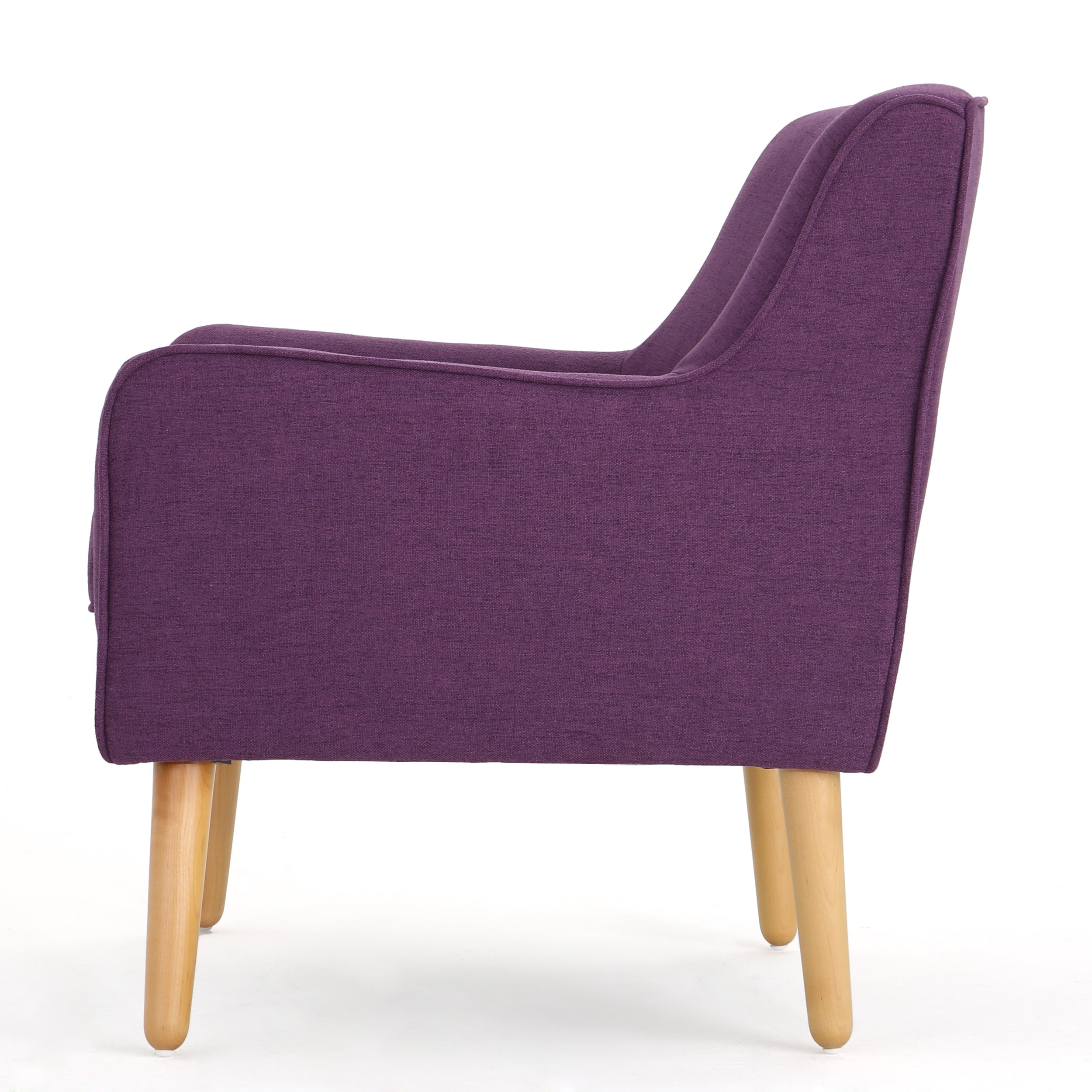 Mid-Century Modern Arm Chair with Tufted Back, Purple Fabric, Birch Wood Legs