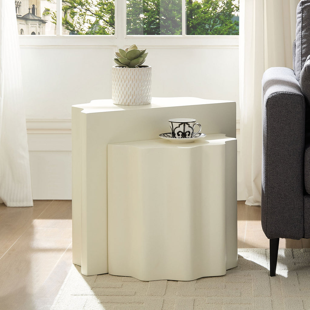 Set of 2 Wavy Edge Fiberglass Side Tables, Modern Design, No Assembly