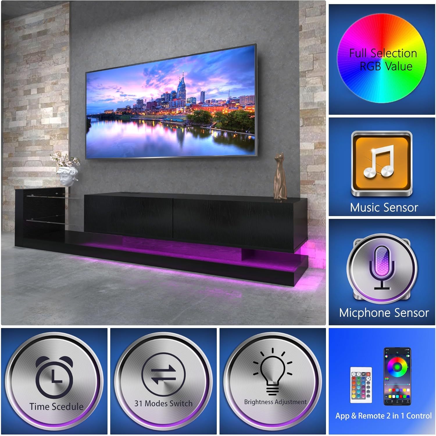 TV Stand LED Black Particle Board Tempered Glass Shelves Fits 75 In TV