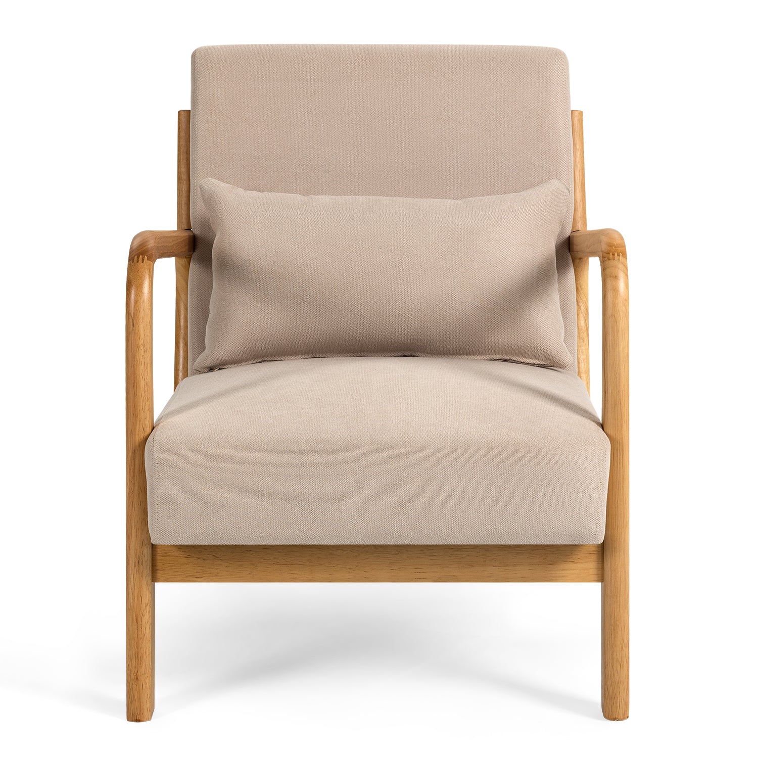 Accent Chair Mid Century Modern Beige Linen with Wood Armrest and Feet One Seat