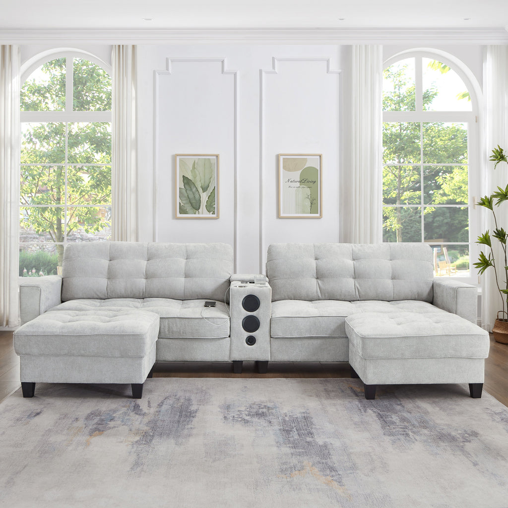 Sectional Sofa U-Shape Chenille Light Gray 6 Seat Bluetooth 126 In