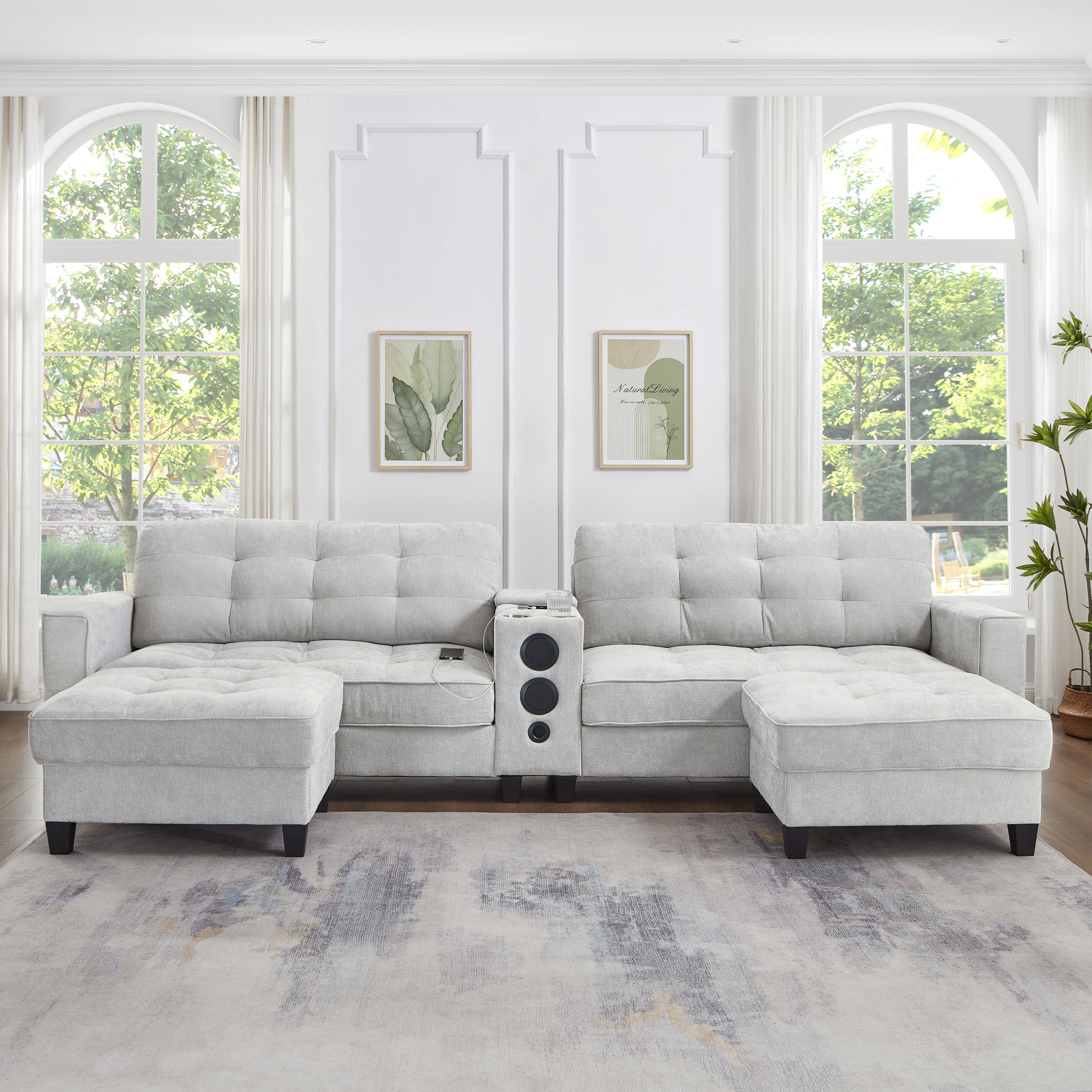 Sectional Sofa U-Shape Chenille Light Gray 6 Seat Bluetooth 126 In