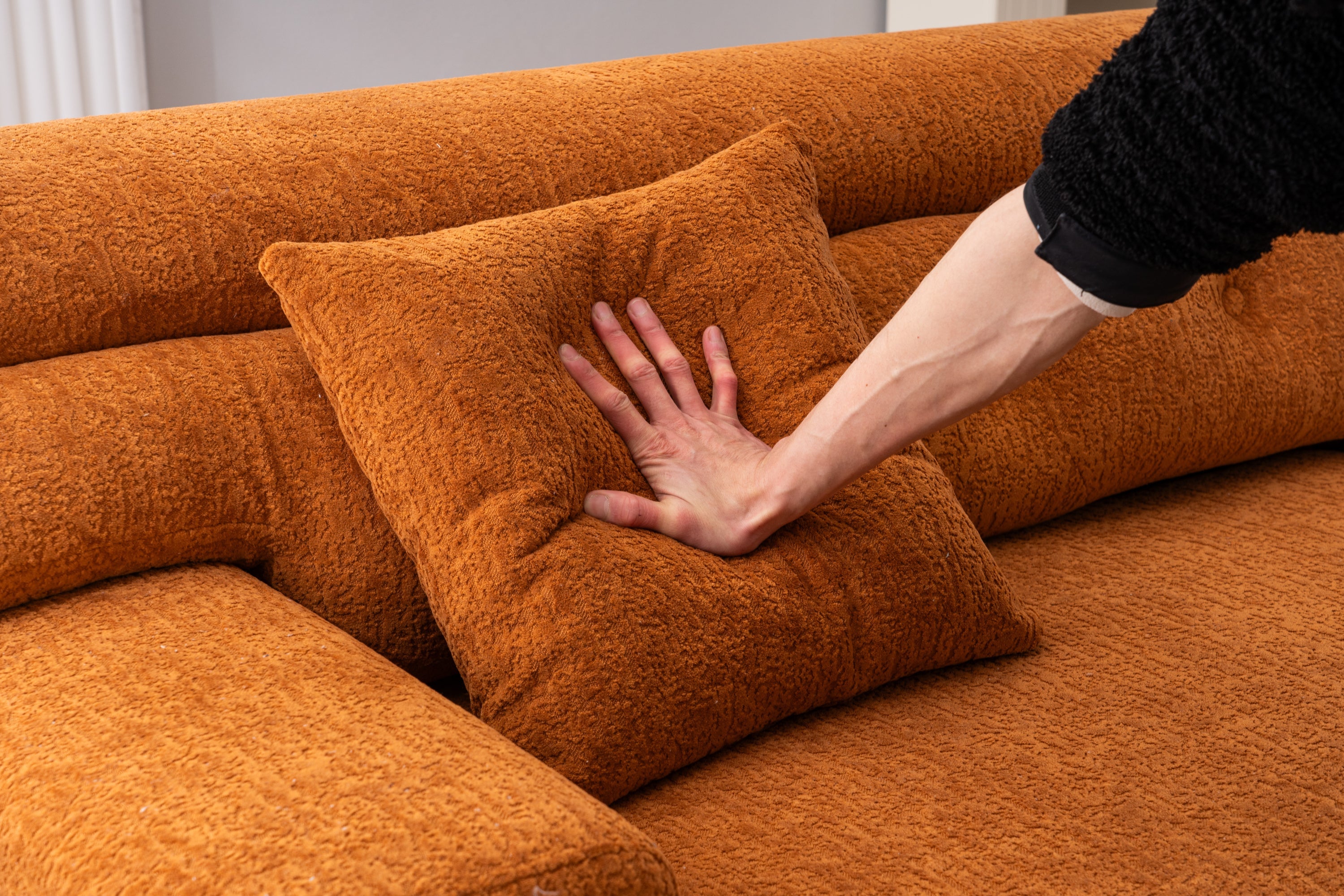 Reconfigurable 4-Seater Sectional Sofa with Wood Grain Chenille Fabric, Amber Orange Modular Sofa with 2 Pillows, High-Density Sponge Couch for Living Room & Apartment