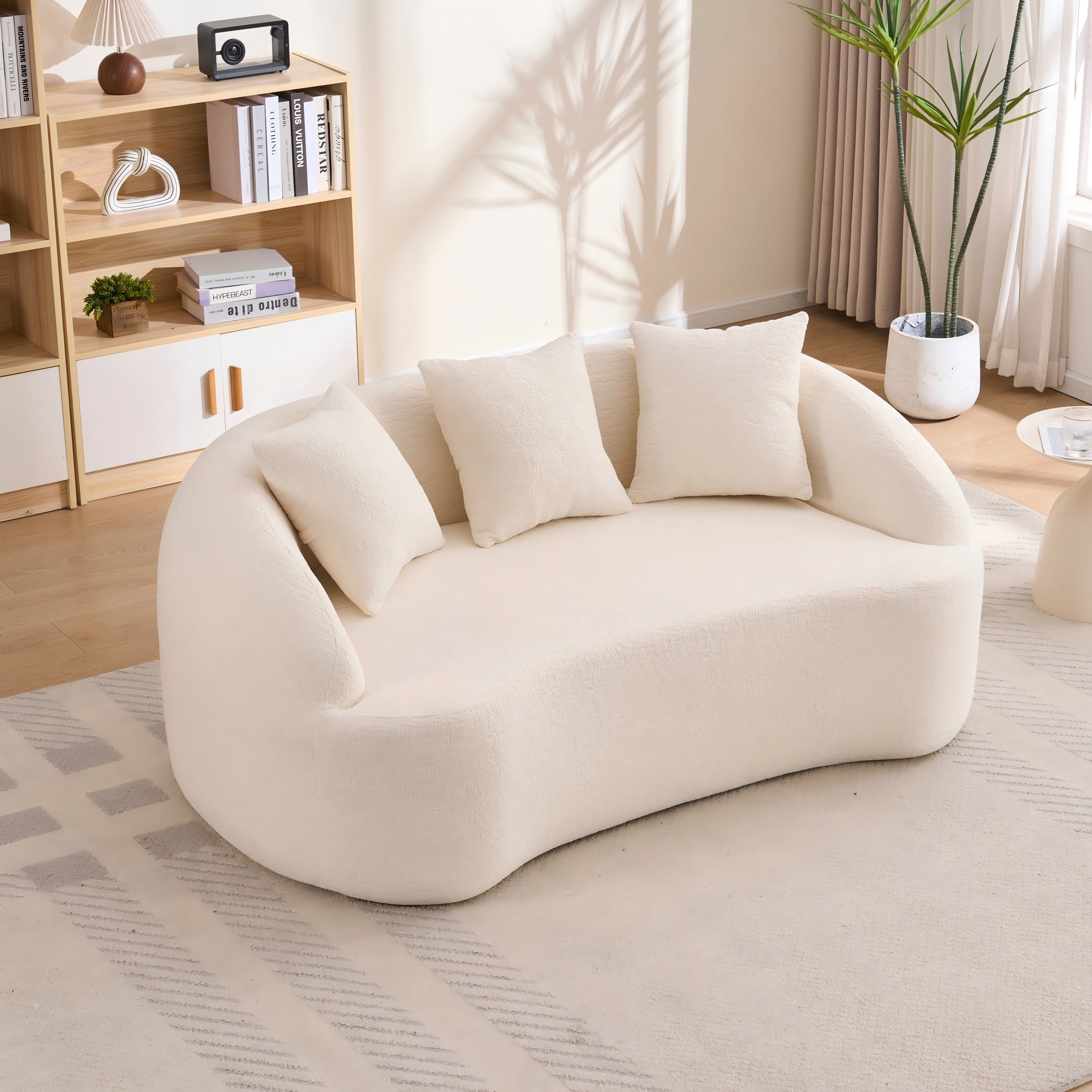 Sofa Curved Modern Off White Chenille 2-seater Space-Saving Compact