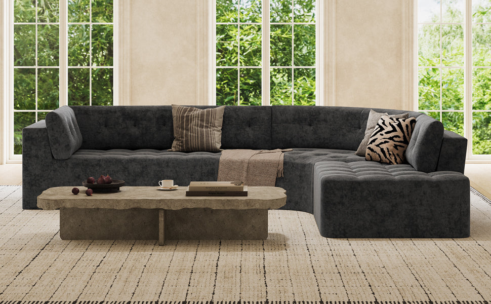 Sectional Sofa Curved L-Shape Chenille Gray 4 Seat 119 In Tufted