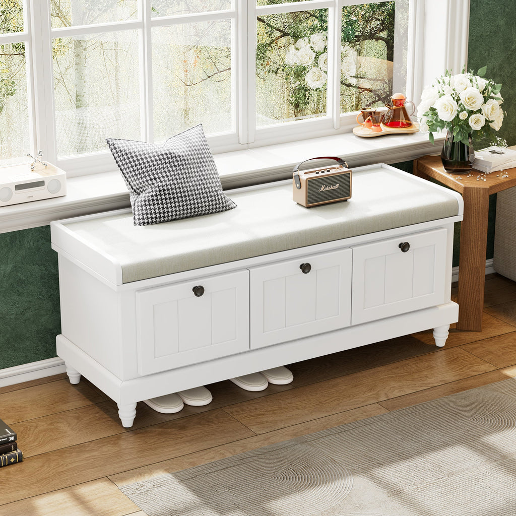 Entry Bench Fluted MDF White Cushioned Seat 3 Drawers 44x16x19 In 220 LB