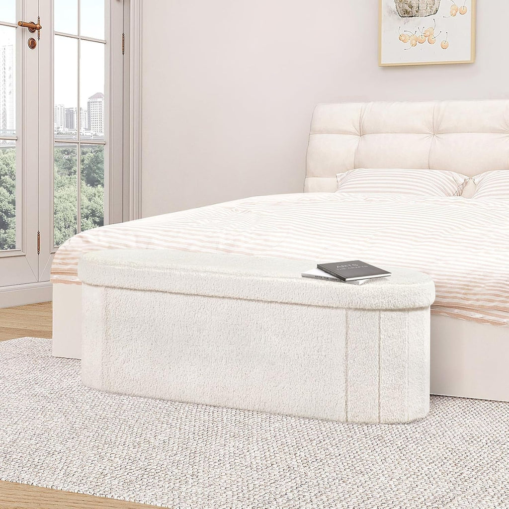 Sherpa Lined Folding Storage Ottoman 43.3 Inch White