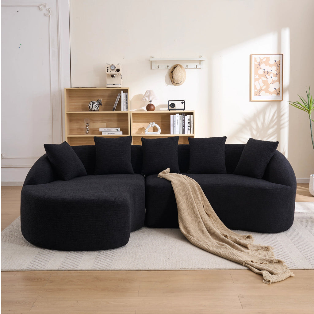 Sectional Sofa l Shaped with Curved Chaise Black Chenille Sleeper