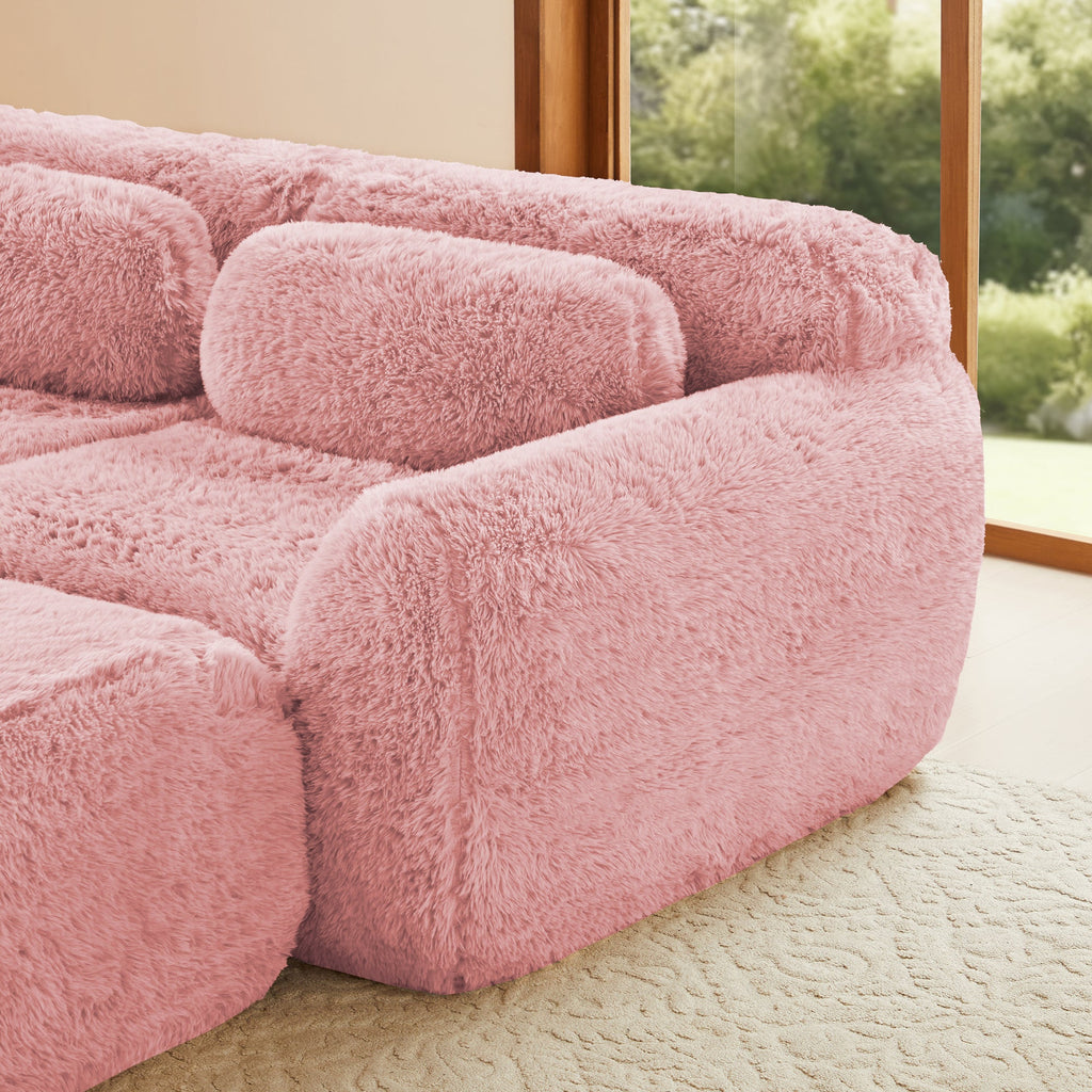 Sectional Sofa Modular Pink Plush Fabric 114 Inch with Throw Pillows