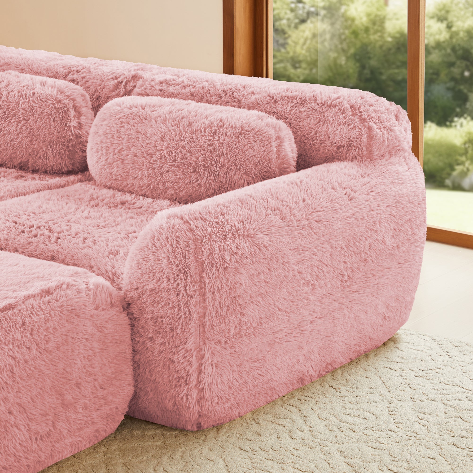 Sectional Sofa Modular Pink Plush Fabric 114 Inch with Throw Pillows