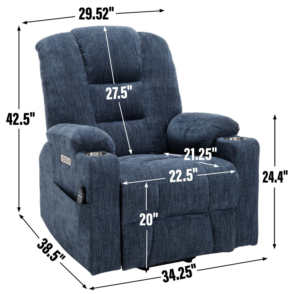 Power Lift Recliner Chair Heat Massage USB Cup Holders, Blue