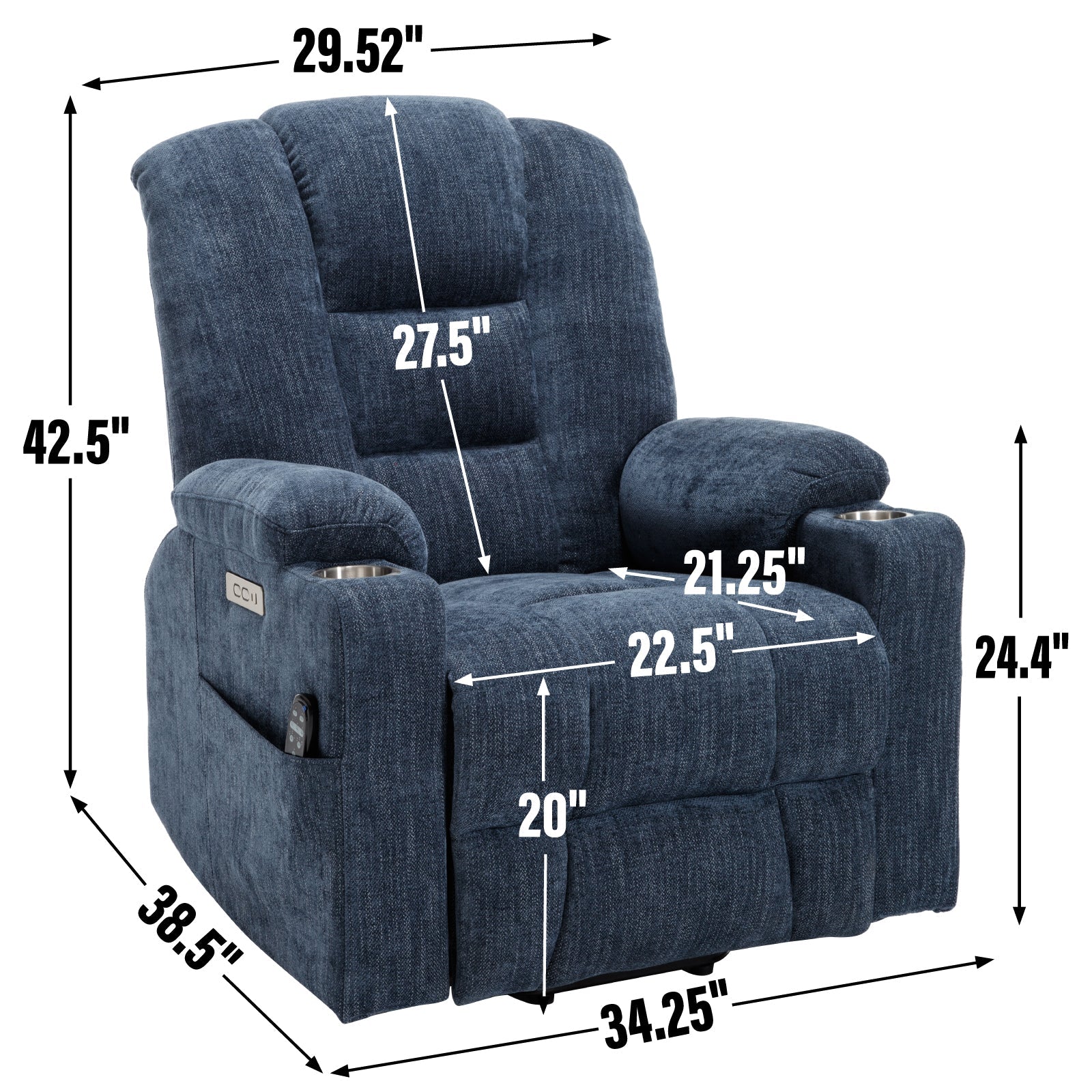 Power Lift Recliner Chair Heat Massage USB Cup Holders, Blue