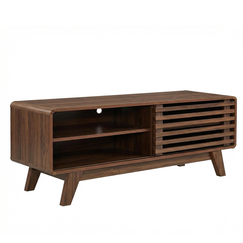 TV Stand Walnut MDF Slatted Sliding Door Fits 50 In TV Cable Management