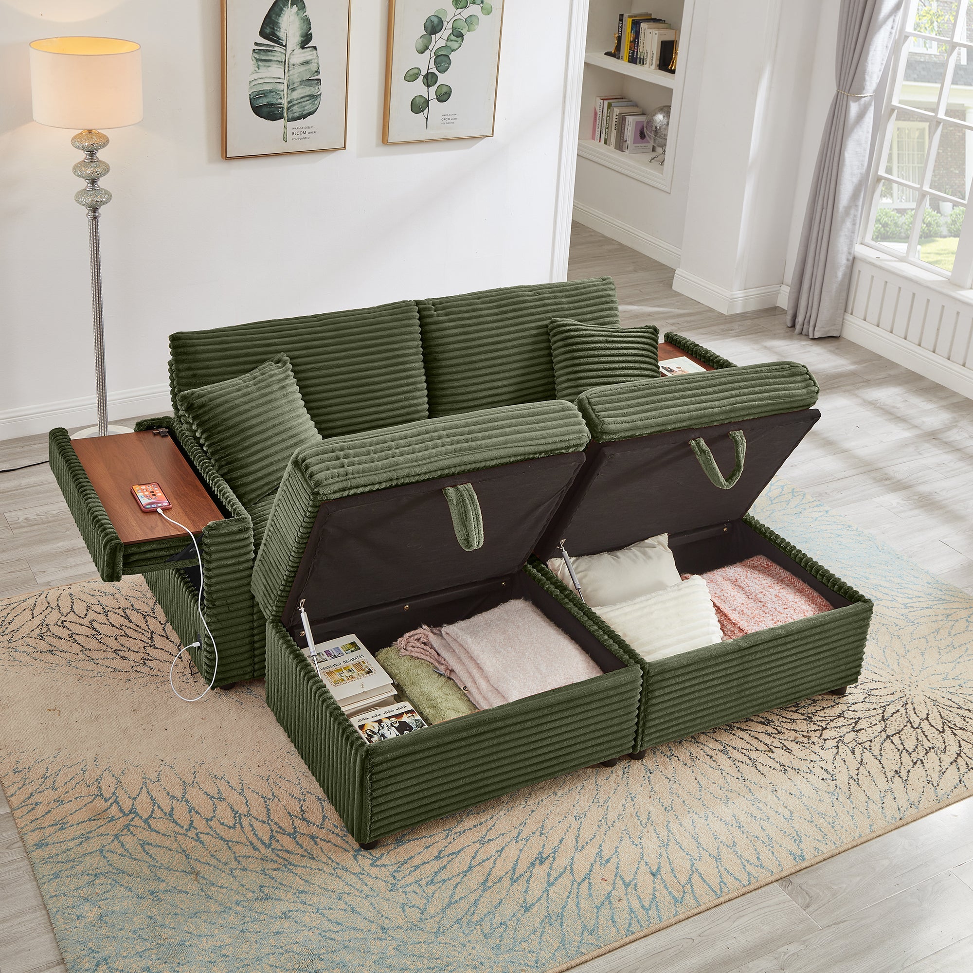 Sectional Sofa L-Shape Corduroy Green Storage Chaise 2 Ottomans USB 69 In