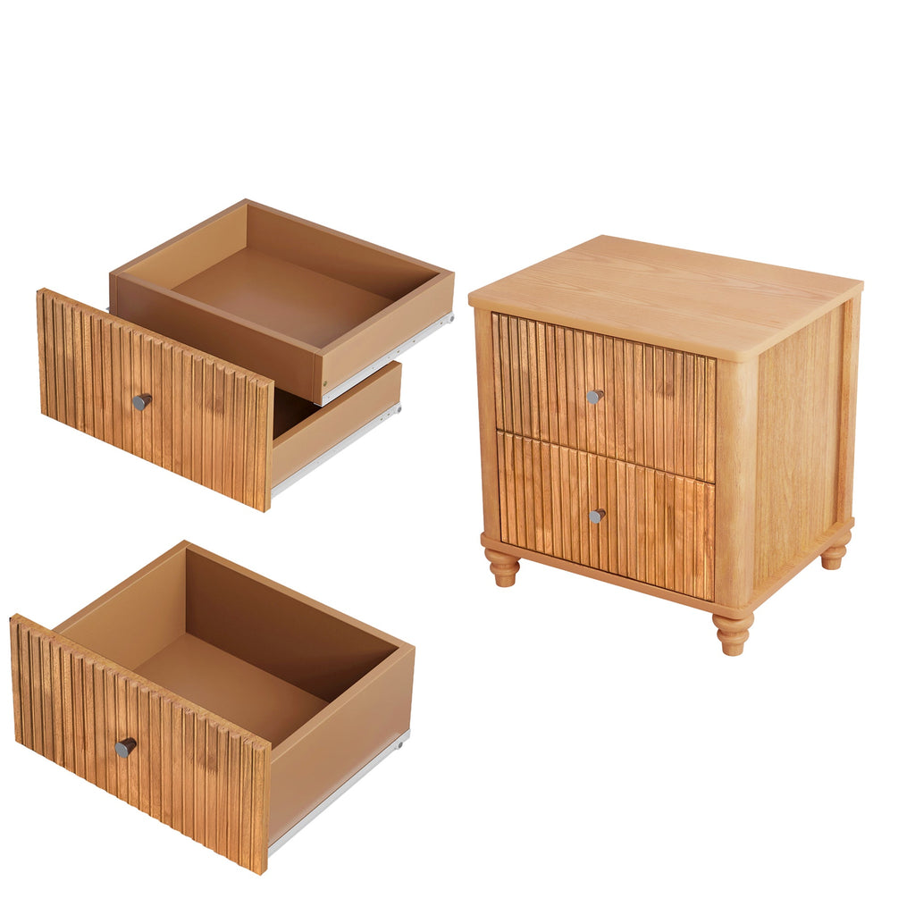 Mid Century Fluted Nightstand with 3 Drawers, 21.65 in Wide, Natural, 2-Piece