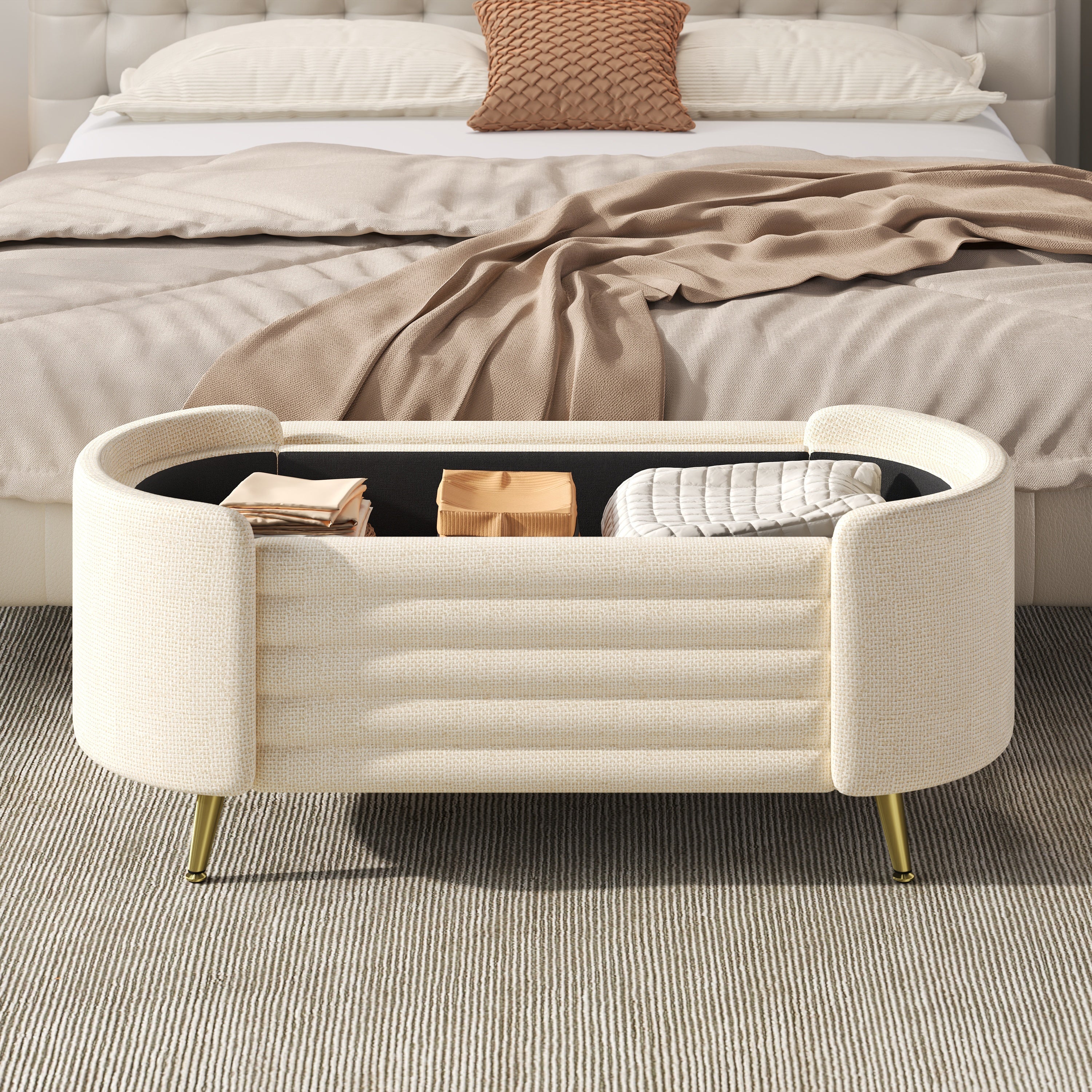 Storage Ottoman Modern Oval Beige Chenille with Metal Legs 44.9l X 18.3W X 18.5h