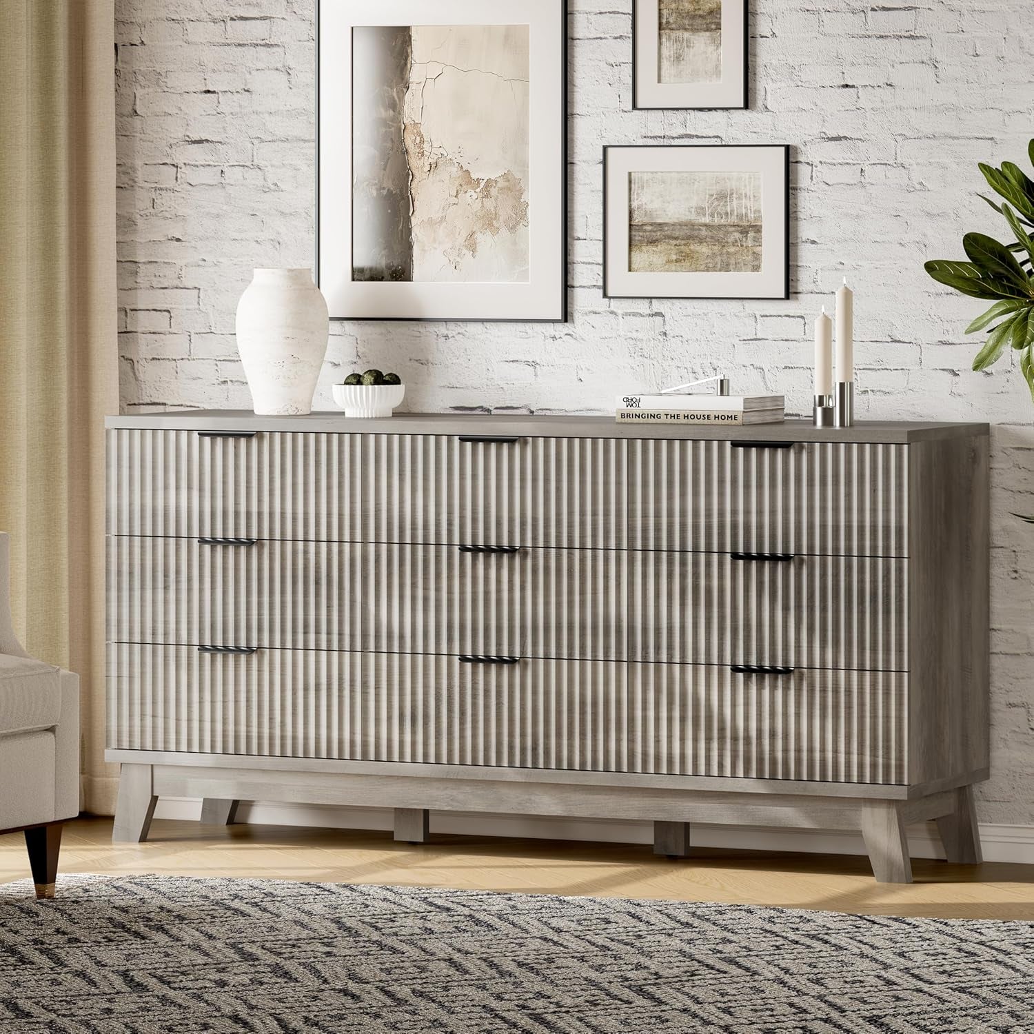 63 Inch Dresser Charcoal Grey Finish With Wave Fluted Panel And 9 Drawers