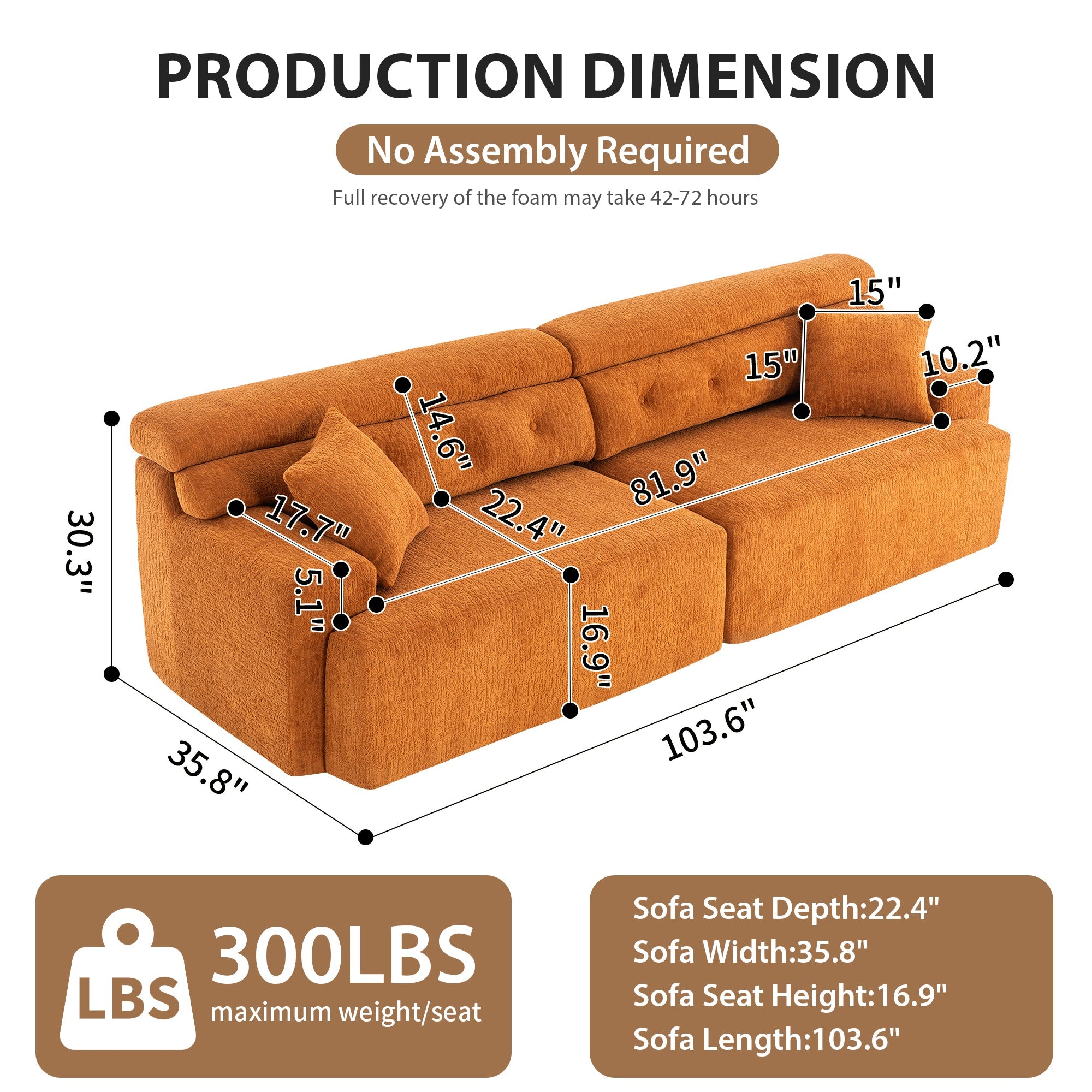 Reconfigurable 4-Seater Sectional Sofa with Wood Grain Chenille Fabric, Amber Orange Modular Sofa with 2 Pillows, High-Density Sponge Couch for Living Room & Apartment