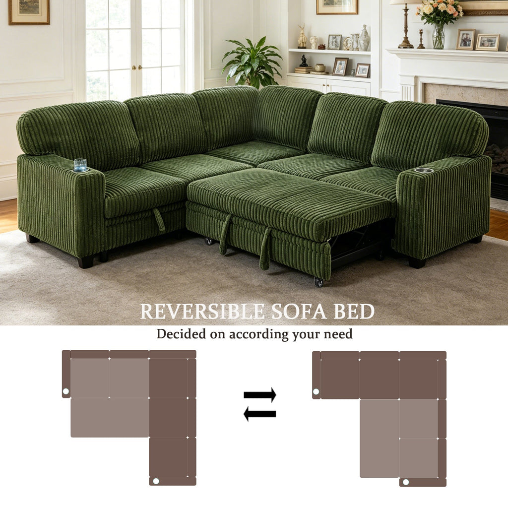 Sofa Bed L-Shape Corduroy Olive Green 5 Seat Pull-Out USB Ports 81 In