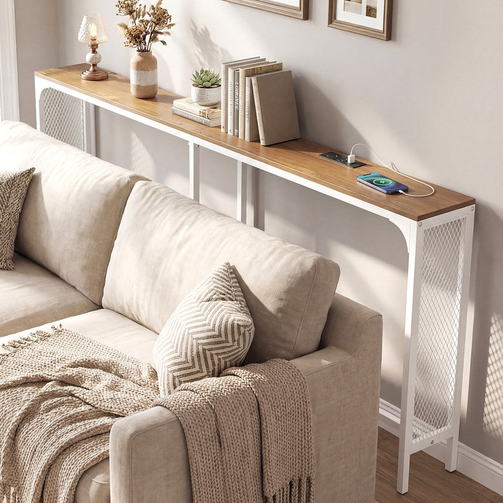 71 Inch Narrow Console Table with Power Outlet for Small Space