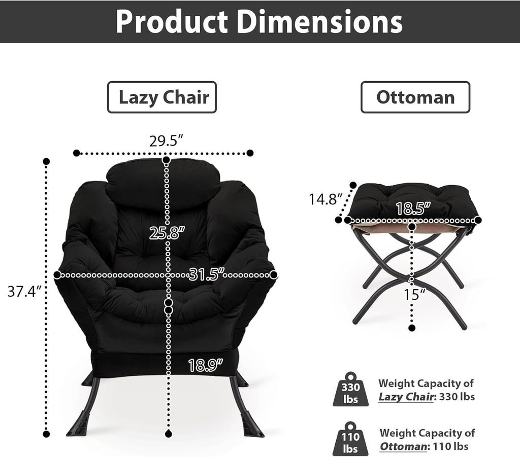 Black Velvet Folding Ottoman Lounge Chair With Footrest