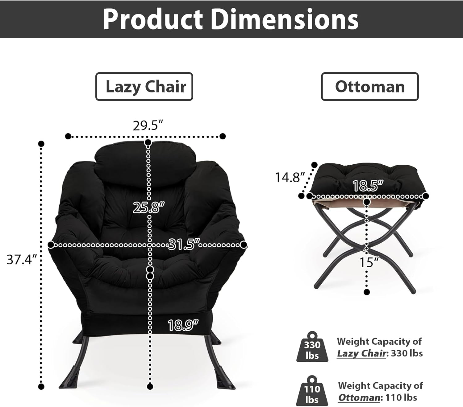 Black Velvet Folding Ottoman Lounge Chair With Footrest