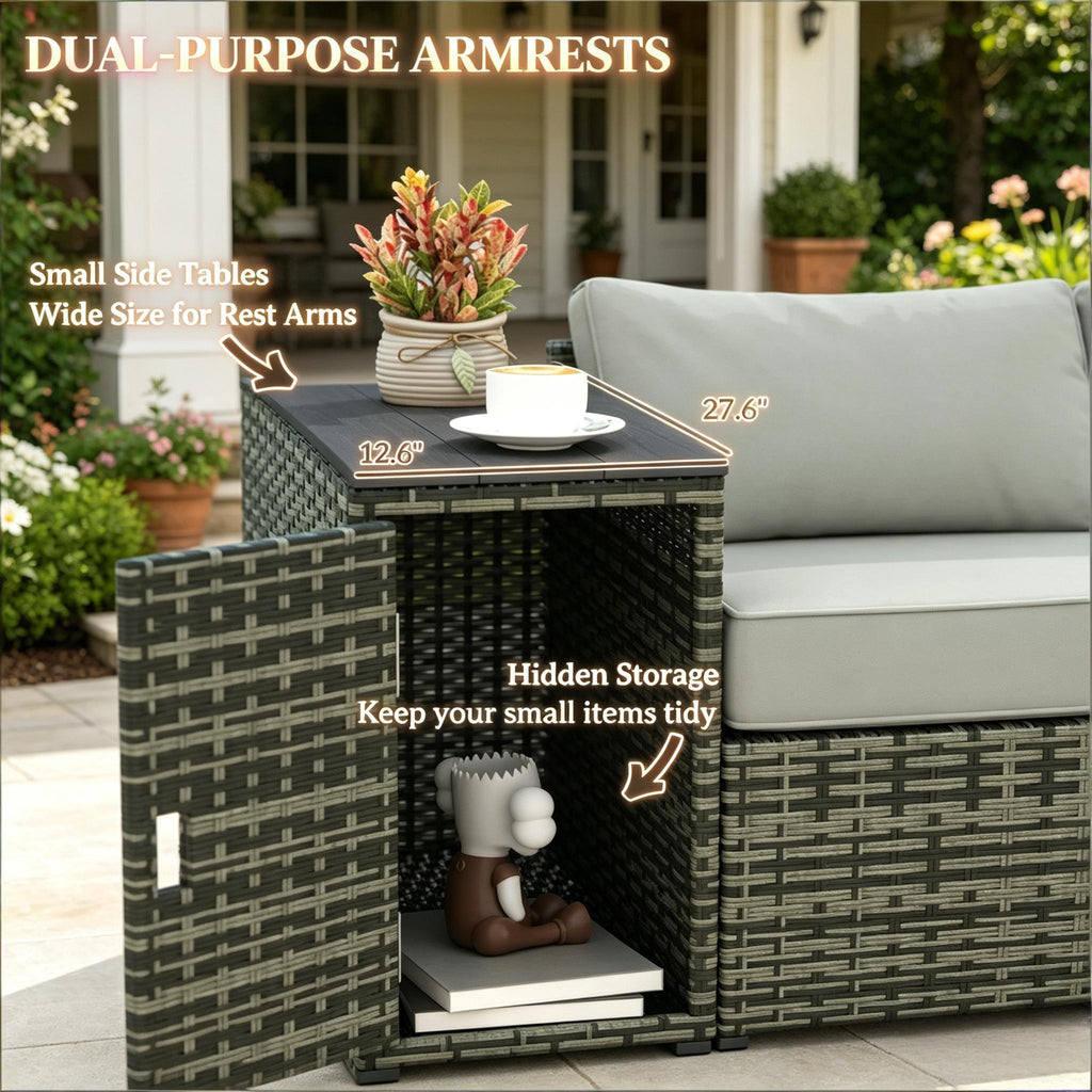 Outdoor Sofa Set Wicker Gray 3 Seat Storage Armrests 794 lb Capacity