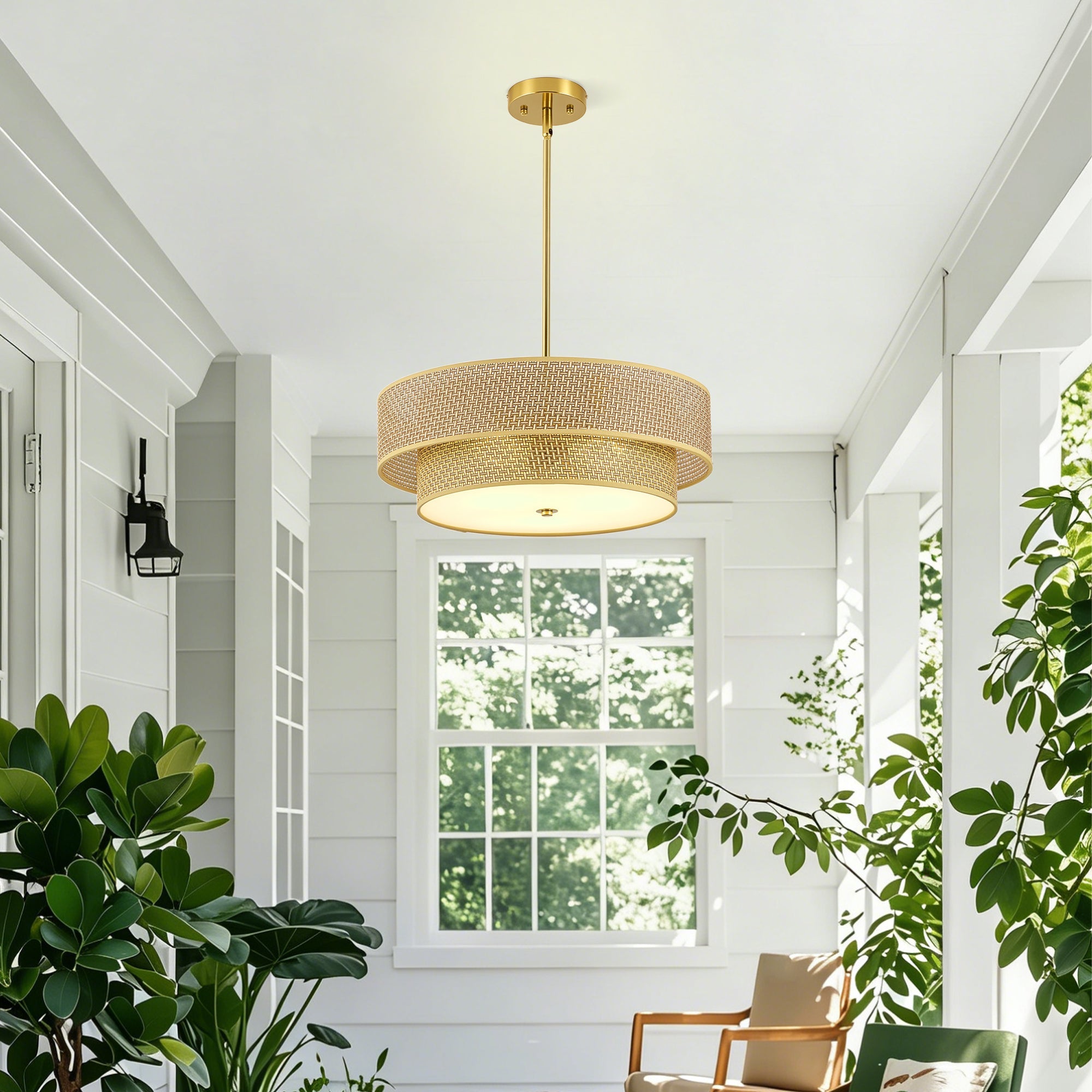 Semi Flush Mount Ceiling Light Woven Rattan Linen Boho Drum 17.7 In