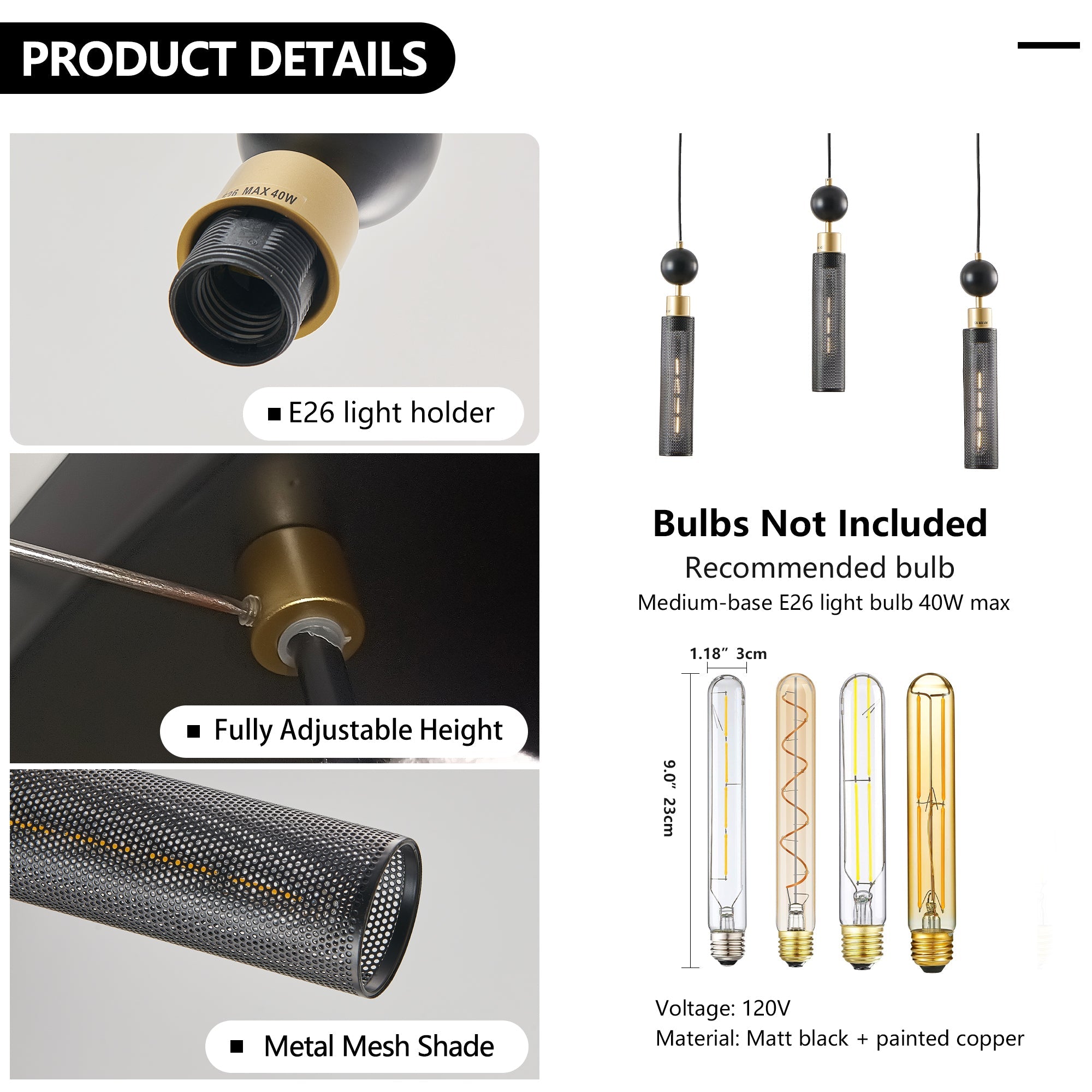 Chandelier 3-Light Black Gold Pendant Cylindrical Mesh Shades 25 In