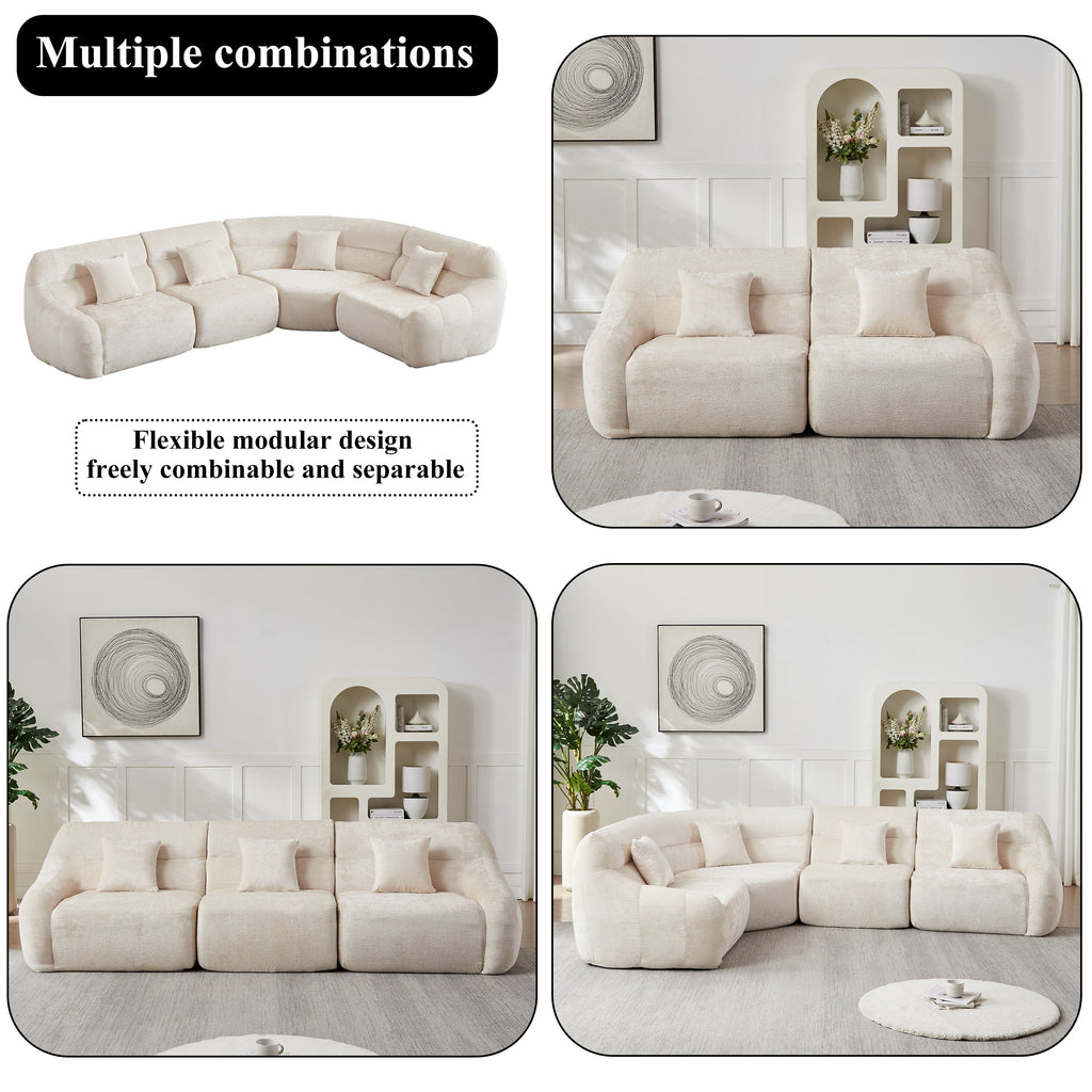 Sectional Sofa Curved Beige Chenille 123.2 Inch Four Pillows No Assembly