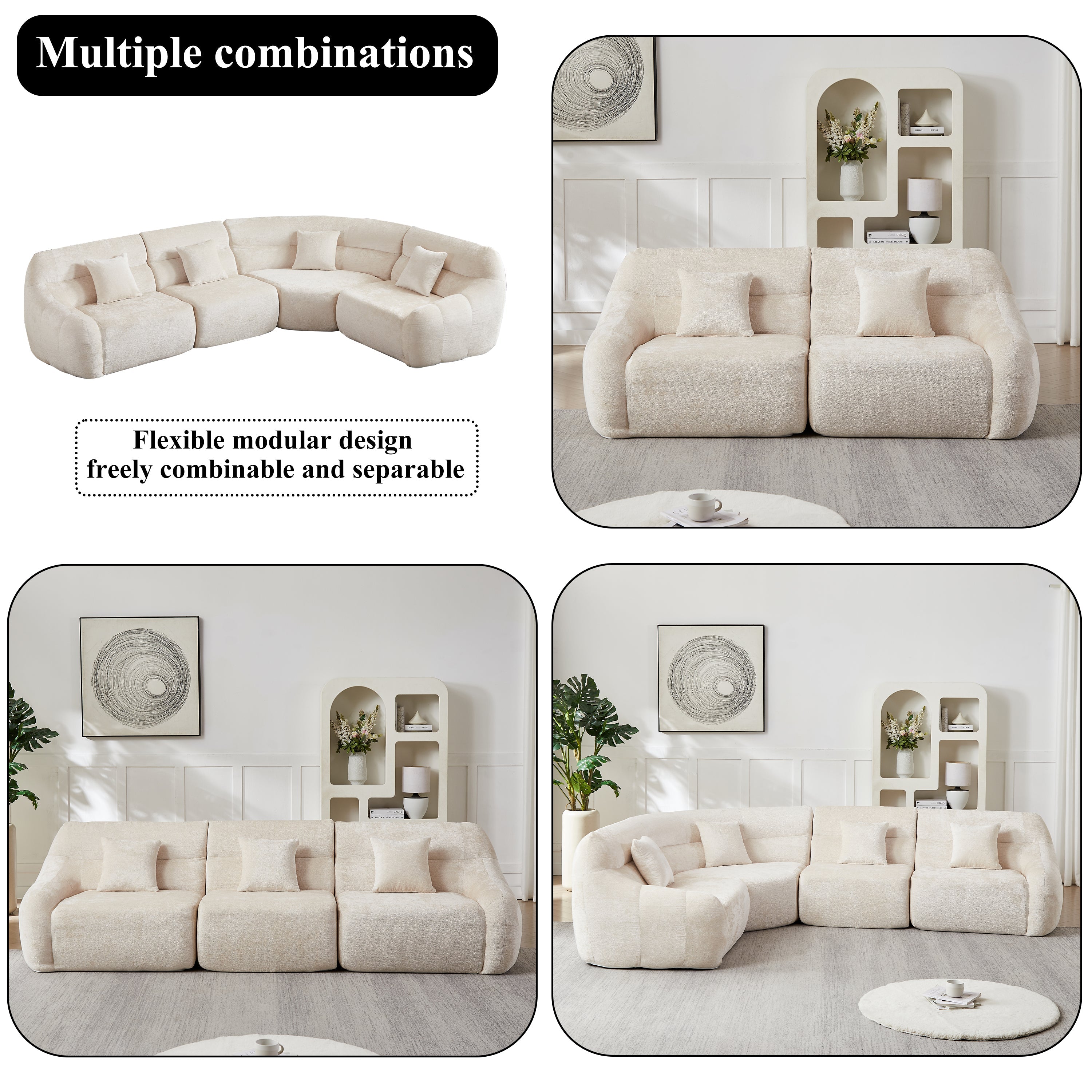 Sectional Sofa Curved Beige Chenille 123.2 Inch Four Pillows No Assembly