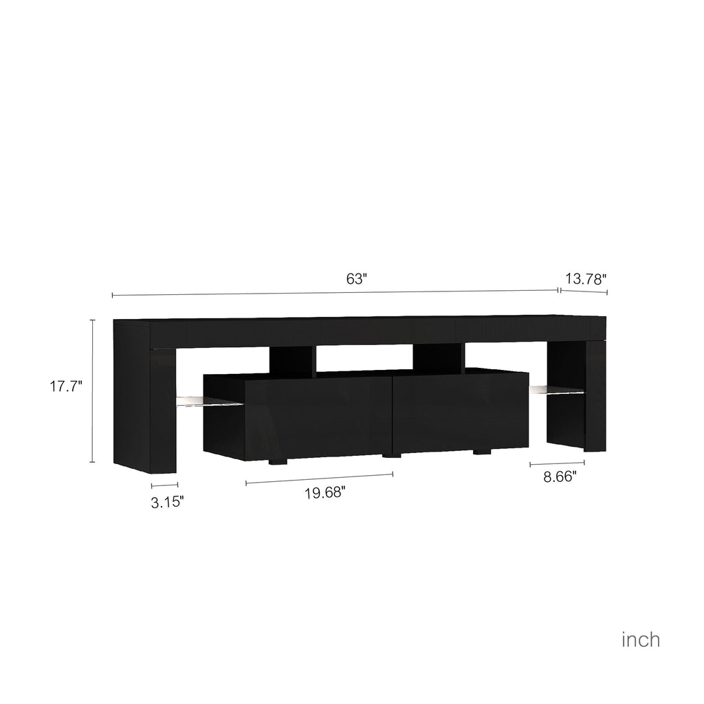 TV Stand High Gloss LED Black MDF Storage Cabinet Fits 65 In TV