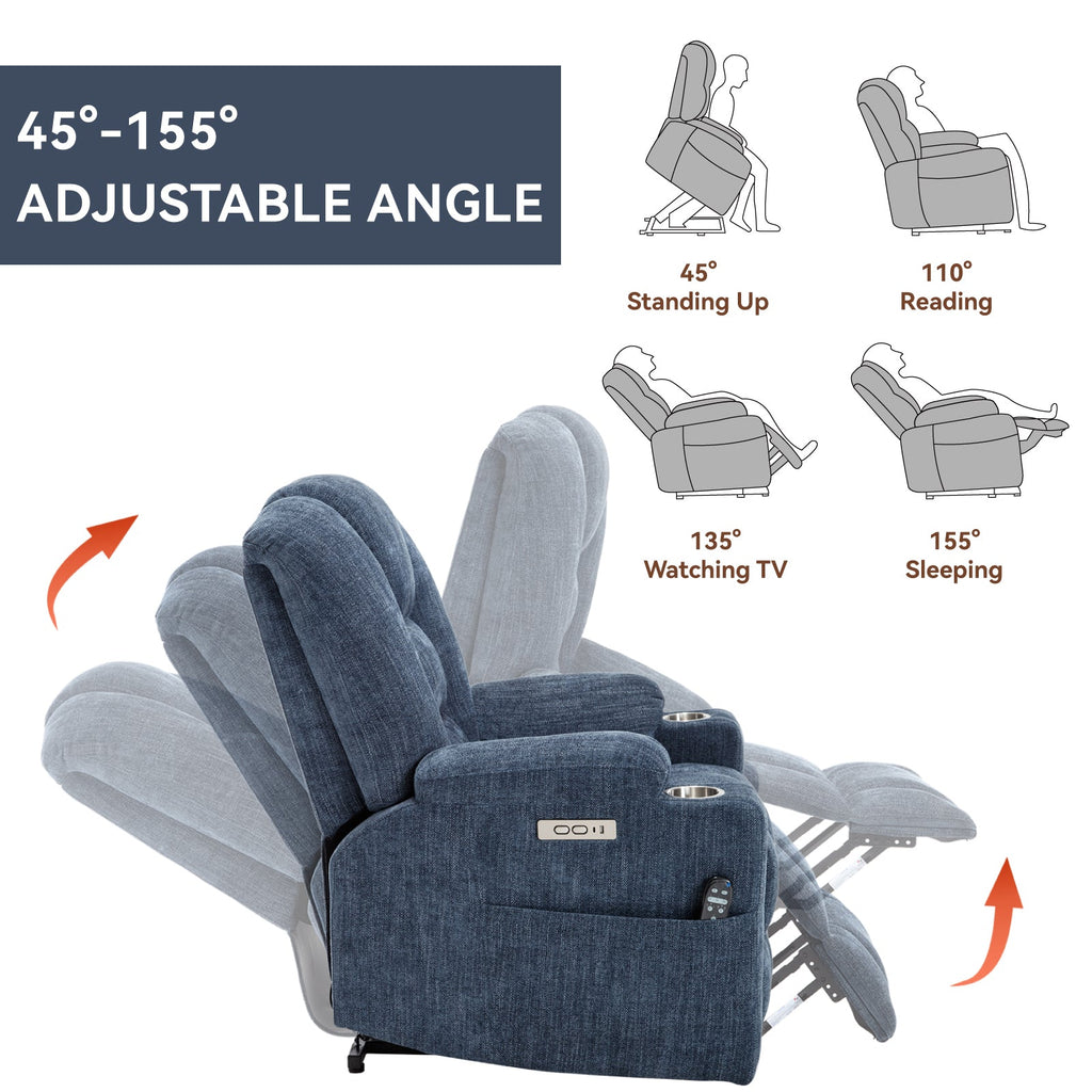 Power Lift Recliner Chair Heat Massage USB Cup Holders, Blue