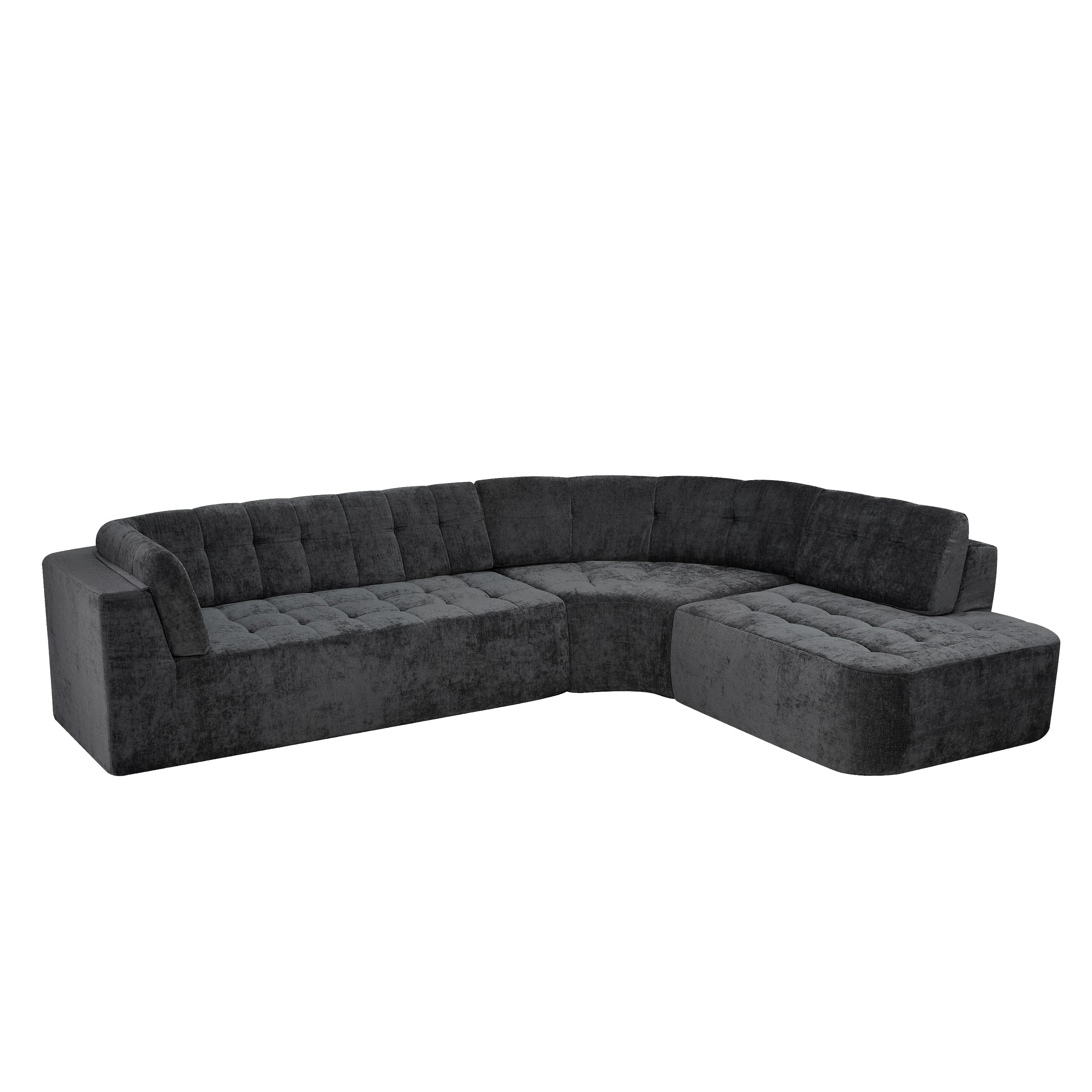 Sectional Sofa Curved L-Shape Chenille Gray 4 Seat 119 In Tufted
