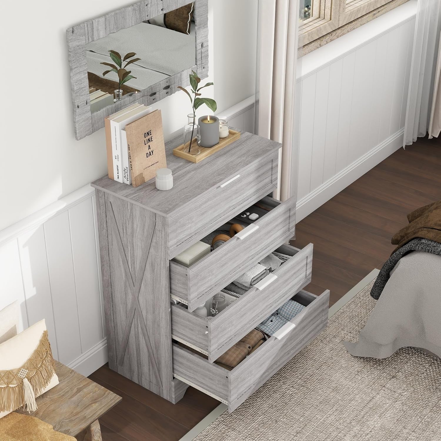 Washed Grey Farmhouse 4 Drawer Distinctive Dresser